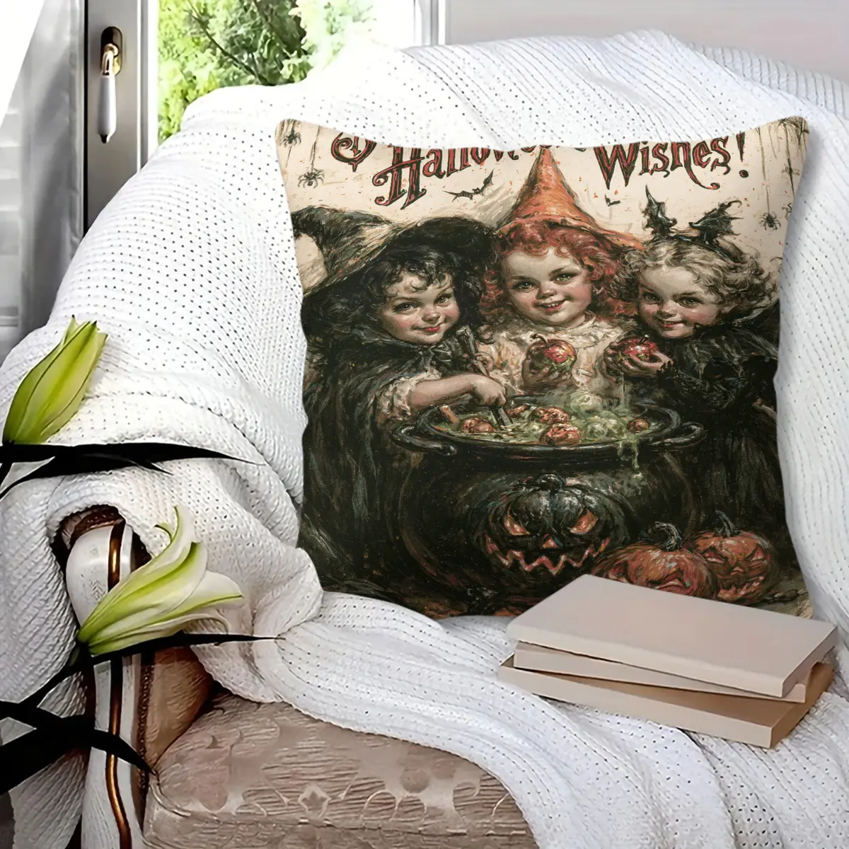 45x45cm 1Pc, Vintage Halloween Witch Cauldron Pumpkin Throw Pillow, soft fluffy durable comfortable, perfect for sofa, bed, bedroom and living room decor, ideal Halloween holiday gift to enhance your home cozy spooky atmosphere