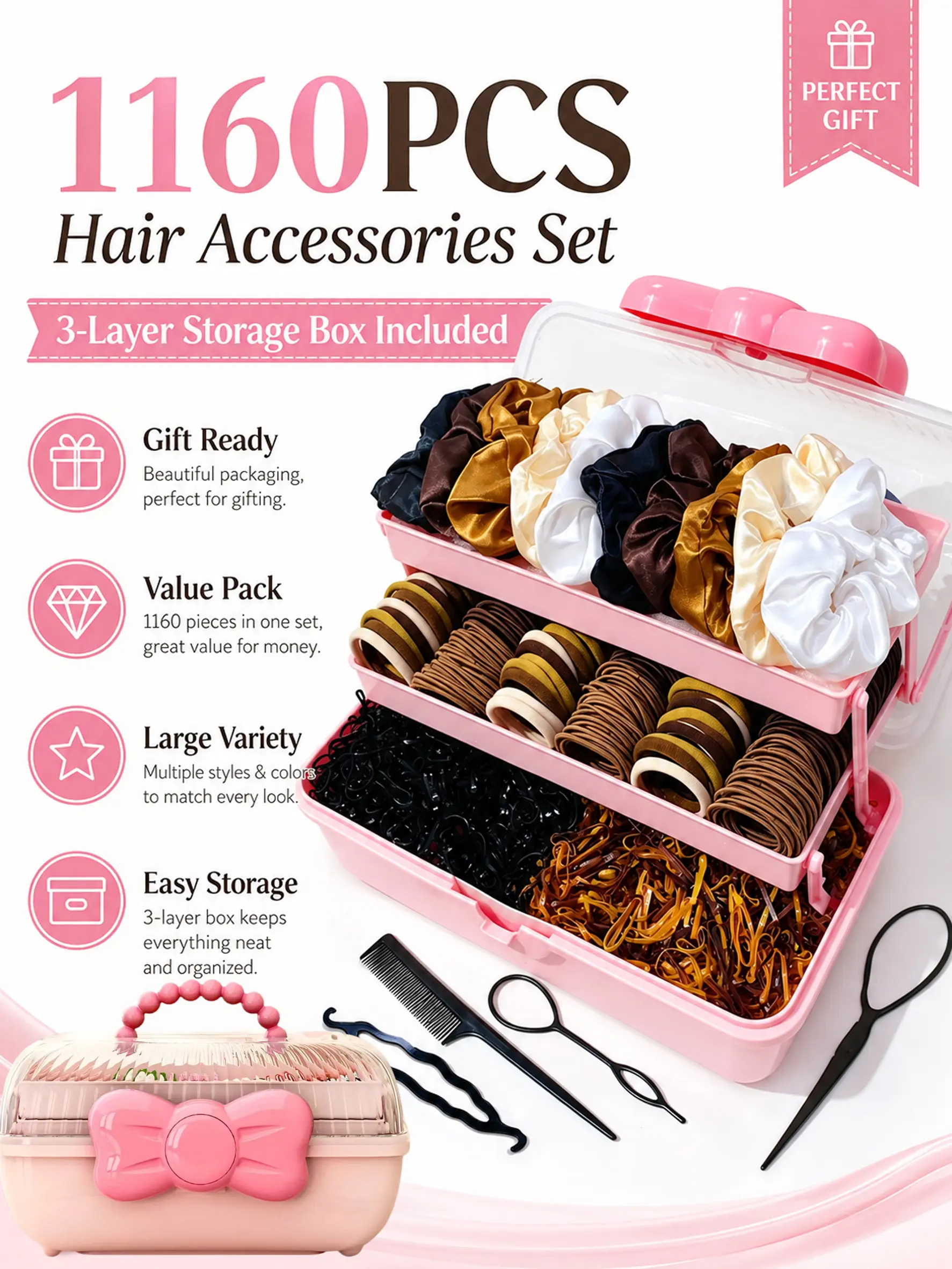 1160 pieces/set complete hair accessory set, three-layer portable storage box, satin large scrunchies, elastic and durable hair ties, a large number of disposable hair bands, hair styling tools, daily hair styling design for girls