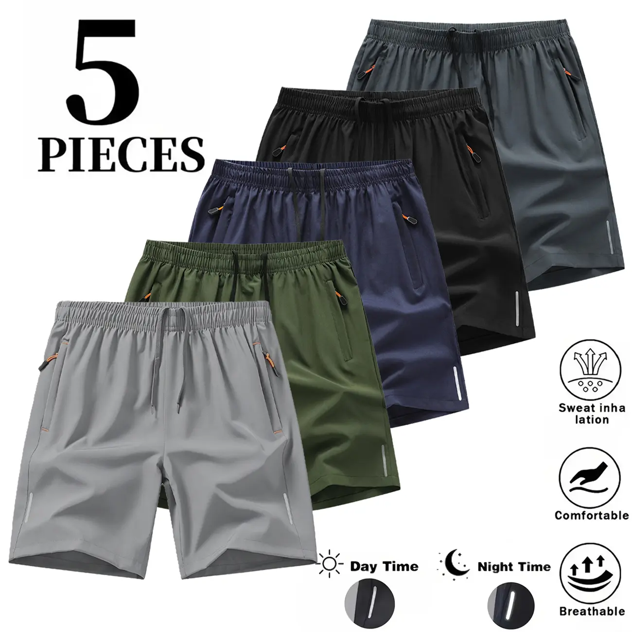 Men's 5-Pack Dry-Fit Body-Fitting Solid Color Athleisure Gym Shorts - Mens Clothing, Breathable Bottoms with Zippered Pockets, Drawstring Waist, Multi-Size, Pocketed for Gym & Outdoor Wear,father'sdaygifts