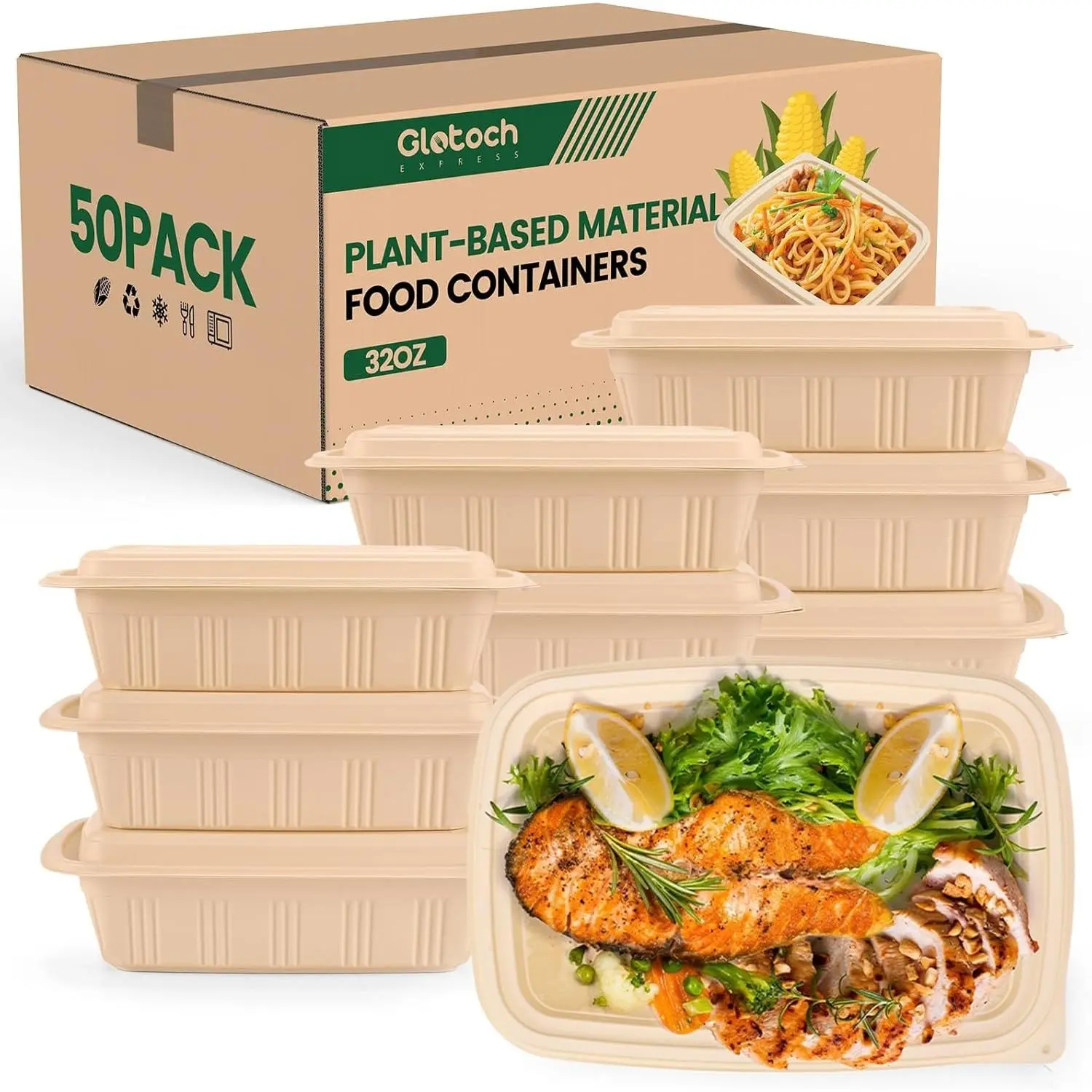 100 Piece (50 Pack) Meal Prep Containers with Lids, 32 oz Reusable Cornstarch Plant-based Lunch Boxes, BPA Free Take Out Bowls, Microwave Freezer Safe, Stackable