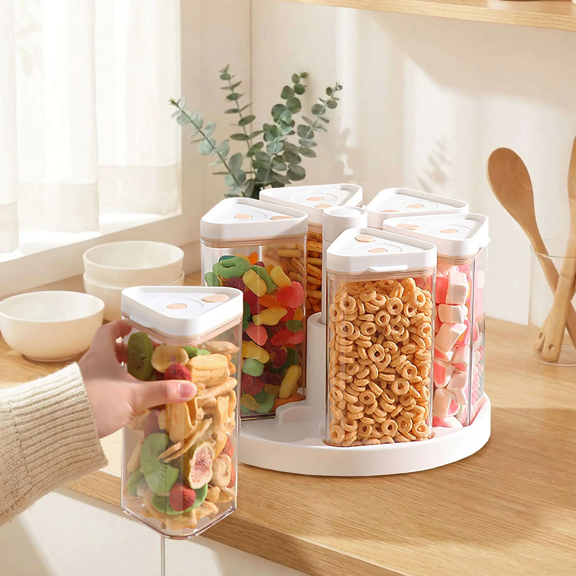 Rotating 6-Compartment Cereal Dispenser – Space-Saving Pantry Storage Organizer with Lids, Stackable Rice & Grain Container Set for Flour, Oats, Pasta, Nuts, and Snacks