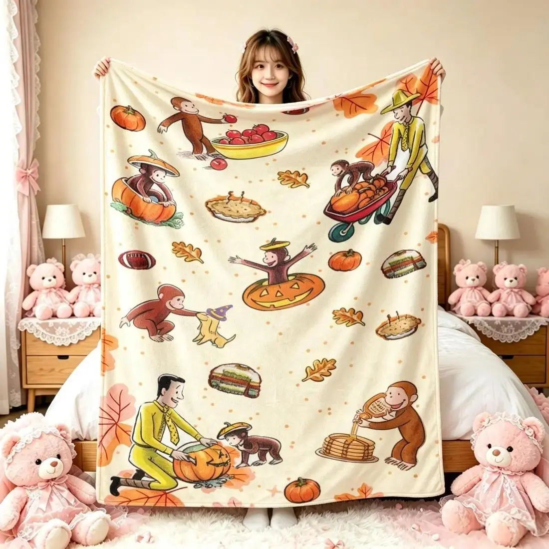 Curious George Fall Harvest Flannel Throw Blanket, Pumpkin-Maple Leaf Cartoon Print, Soft Cozy Sofa Bed Cover, Perfect Thanksgiving Gift For Kids