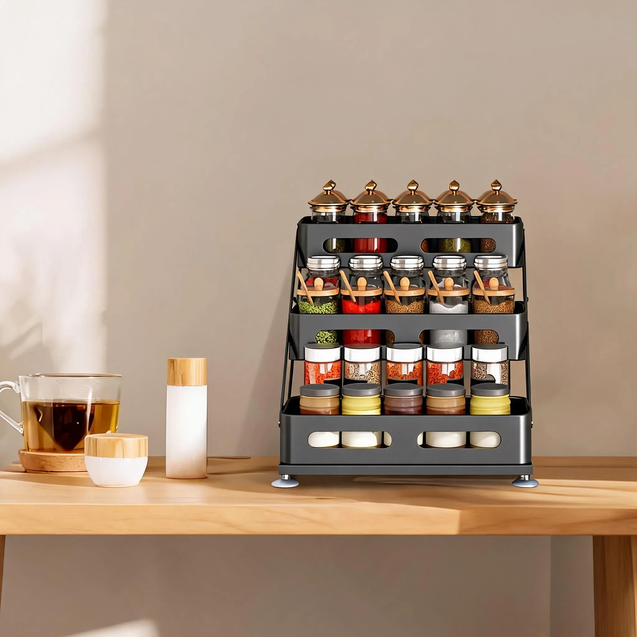 Space-Saving 3-Tier Adjustable Spice Rack Organizer - Sturdy Carbon Steel Shelf with Non-Slip Suction Cups - Stackable & Collapsible Storage Holder for Kitchen Cabinet, Countertop, Pantry - Black