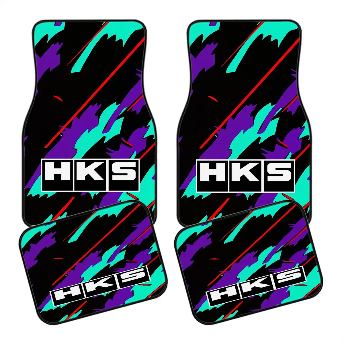 HKS Retro Racing Car Floor Mats 4PCS Set, JDM Style, JDM Aesthetic, Teal Purple Camo Auto Floor Liners, Waterproof Anti-Slip Front & Rear Car Accessories, Universal Fit for Most Vehicles, Durable Washable Vehicle Carpet Protectors with 90s Sporty Design
