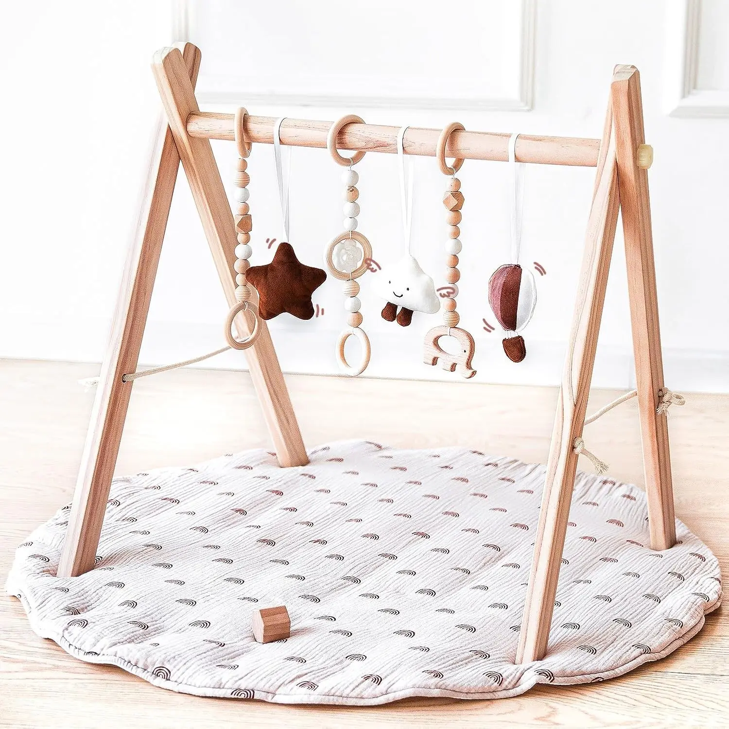 Wooden Baby Play Gym with Mat, Foldable Frame Activity Gym with 6 Gym Toys Baby Play Gym with Rainbow Playmats for Newborn Infant Foldable Activity Gym Hanging Bar Natural Pine Wood Play Gym