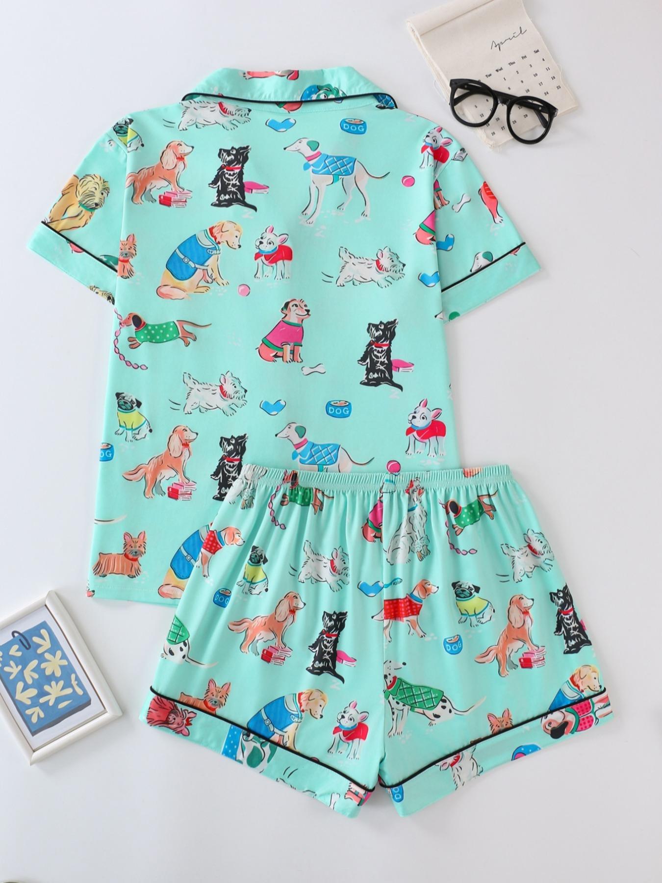Women's Dog Print Top & Shorts Pajama Two-piece Set, Casual Comfy Short Sleeve Top & Shorts Pajama Set, Ladies Sleepwear for All Seasons, Loungewear, Womenswear, Sleep Pajamas Shorts, Cozy Loungewear