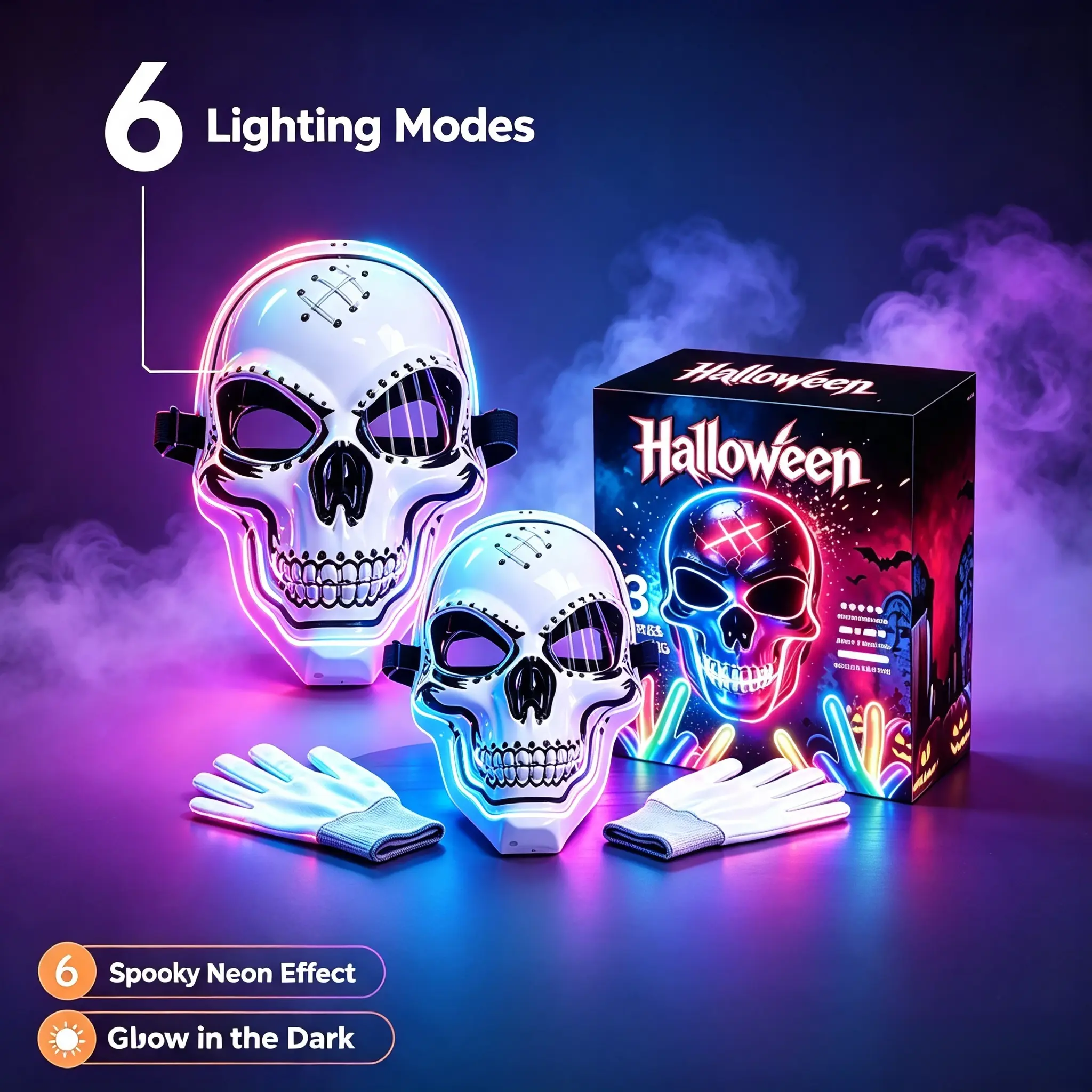 Halloween LED Light Up Mask, Scary Skeleton Hacker Glow-in-the-Dark Face Mask, Horror Cosplay Costume Mask for Party, Holiday Decorations, Multiple Light , Perfect for Halloween & Horror Themed Parties