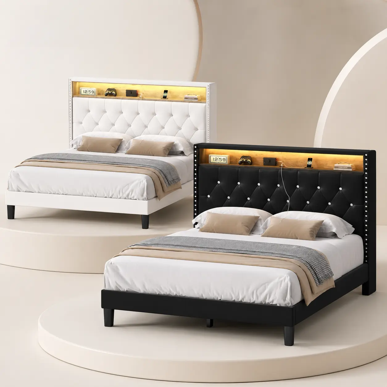 Winged Velvet Fabric Bed Frame - Full Size, Diamond Tufted Storage Headboard with Outlets, Built-in USB Charge Station & LED Light Strip, No Box Spring Needed, Requires Assembly, Modern White/Black Queen/King Indoor Bed Frame