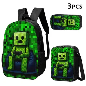 These three pixelated art backpacks, lunch bags, and pencil cases feature a green blocky character holding a game controller; ideal for gamers or fashion-conscious adults commuting, traveling, or studying.