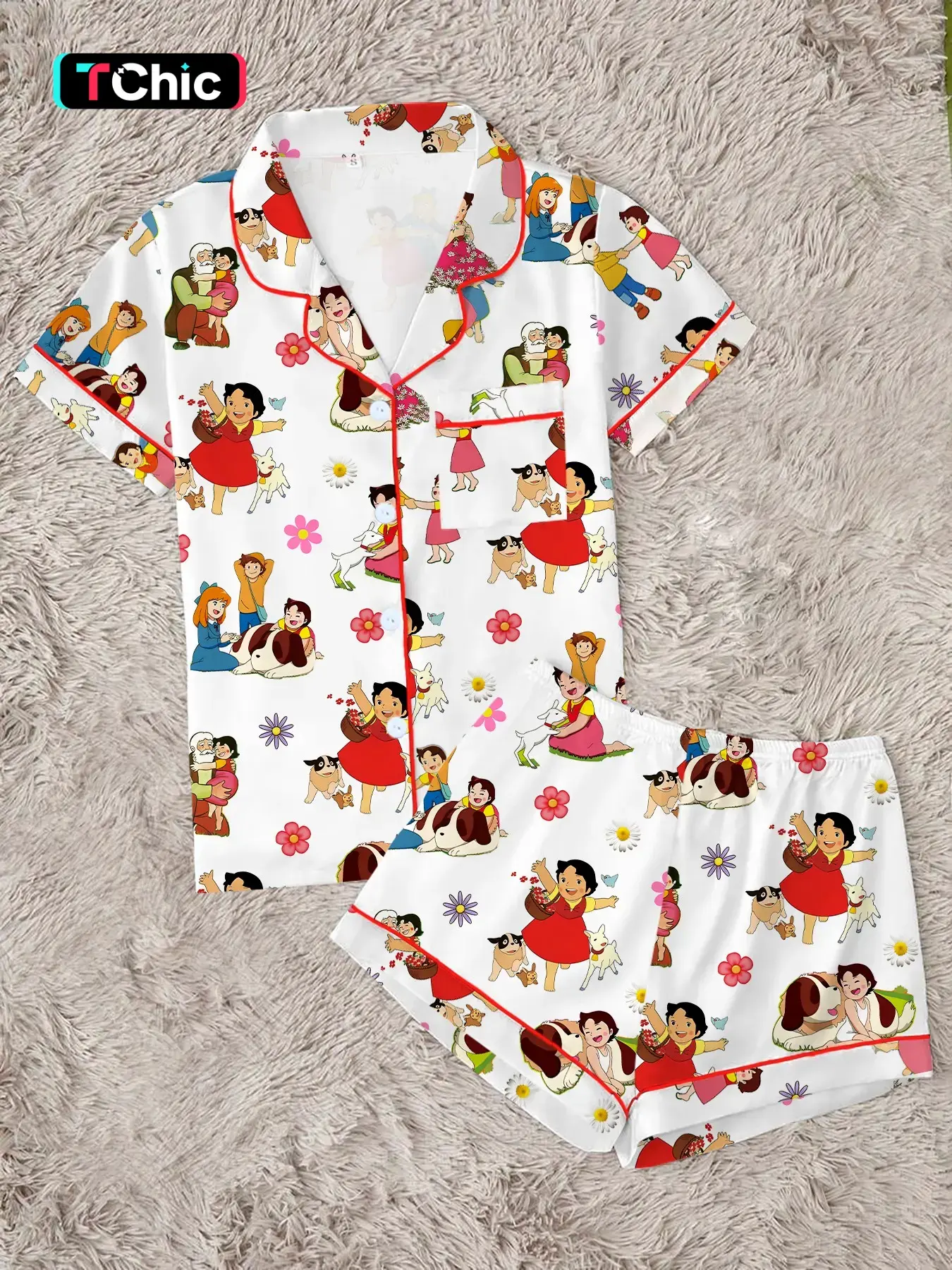 Vintage Farmhouse Style Pajama Set, Cute Alpine Girl & Puppy Print, Soft Short Sleeve Button-Up, High-Quality 2-Piece Fun Sleepwear