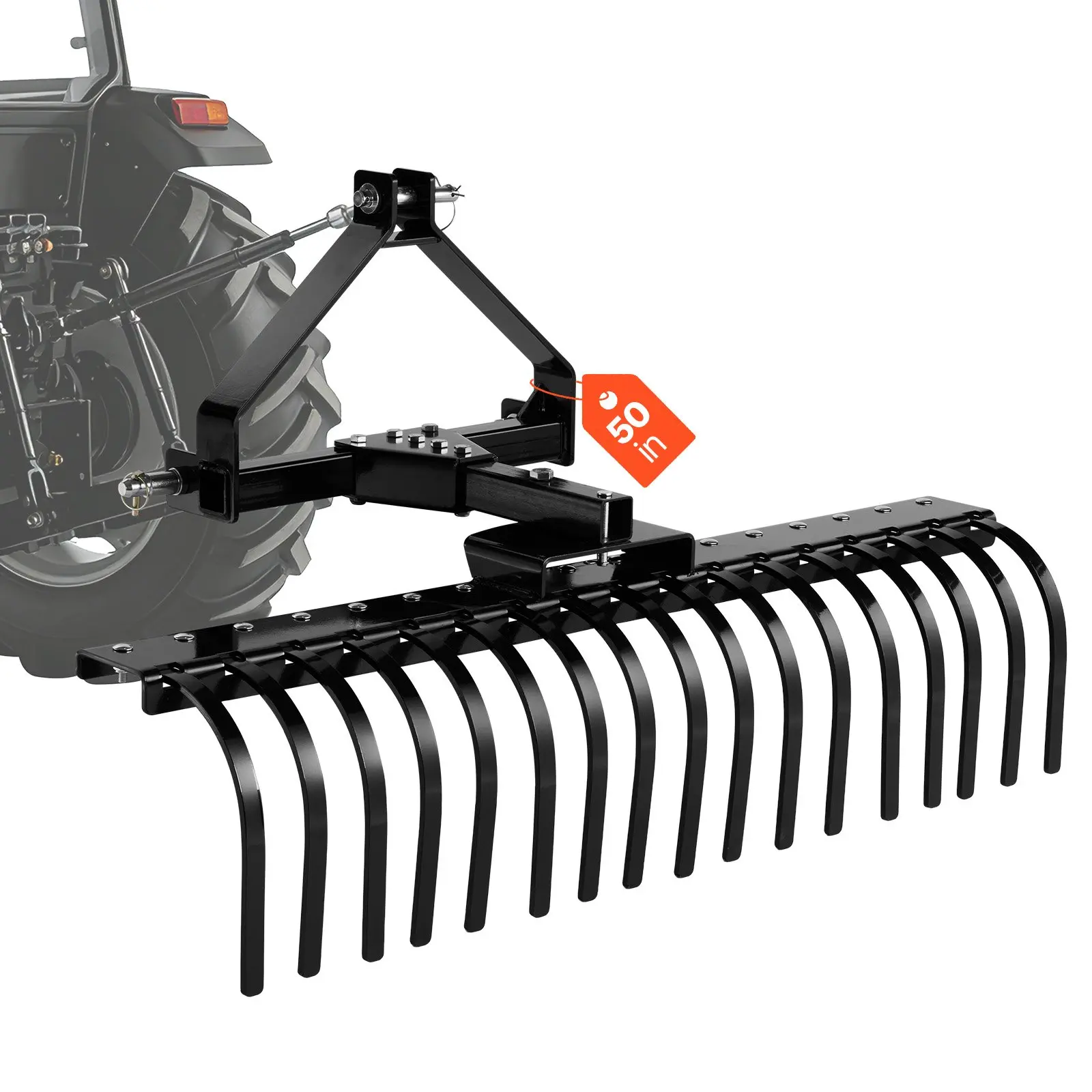 【toolupgrade】VEVOR 50 in Lanscape Rock Rake, 3-Point Tow Behind Landscape Rake with 17 Steel Tines, Fit Category 1 Tractors, Angle Adjustable, Heavy Duty Lawn Dethatcher Rake for Grass Branch Debris