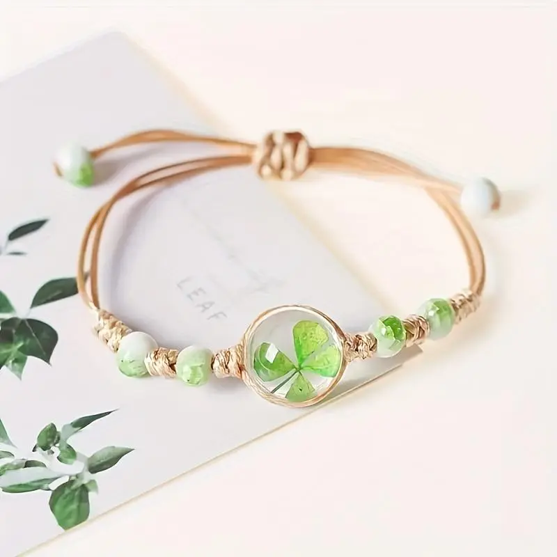 1pc Lucky Clover Four-leaf String Bracelets, Symbolizes Good Luck and Happiness, Casual Vitality BraidedAnklet, for Women&Teen Banquet Prom Music Festivals Dating Gifts Summer Vacation Travel, Suitable for Daily Wear