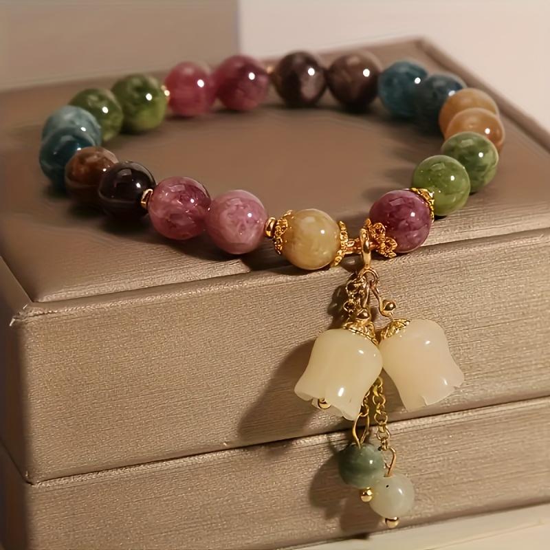 Bohemian Style Tourmaline & Orchid Charm Bracelet - Luxury Natural Stone Charms Women Handmade Beaded Bracelet Valentine's Day Jewelry Gift Vintage Women Bead Bracelet Jewelry
