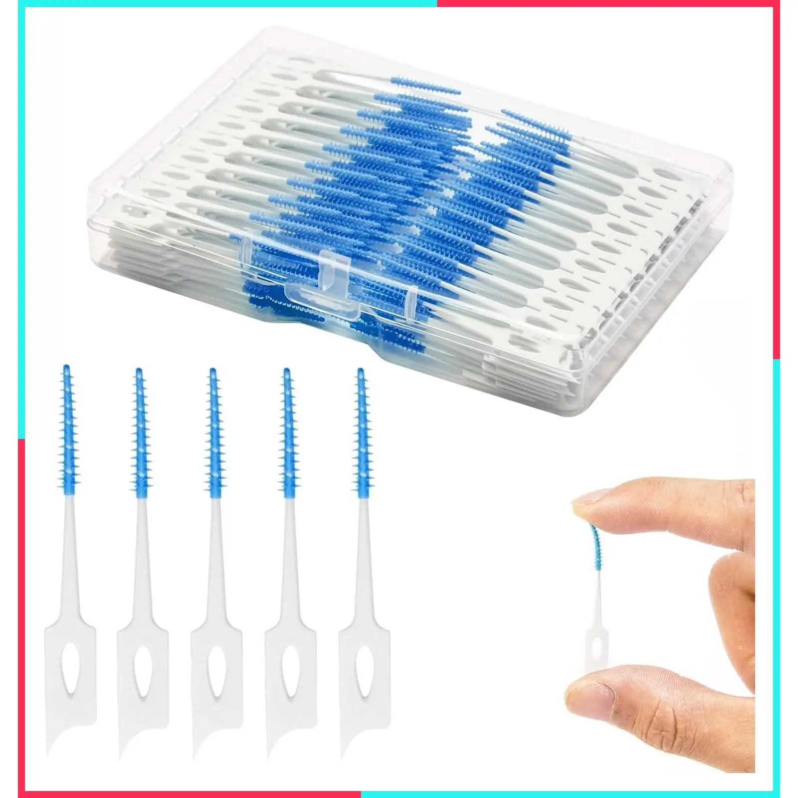Dental Floss Picks, 200 Count, Dual-Ended Toothpicks with Soft Rubber Interdental Brush Heads, Convenient Carry Case, Travel Teeth Cleaning Tools (Blue)