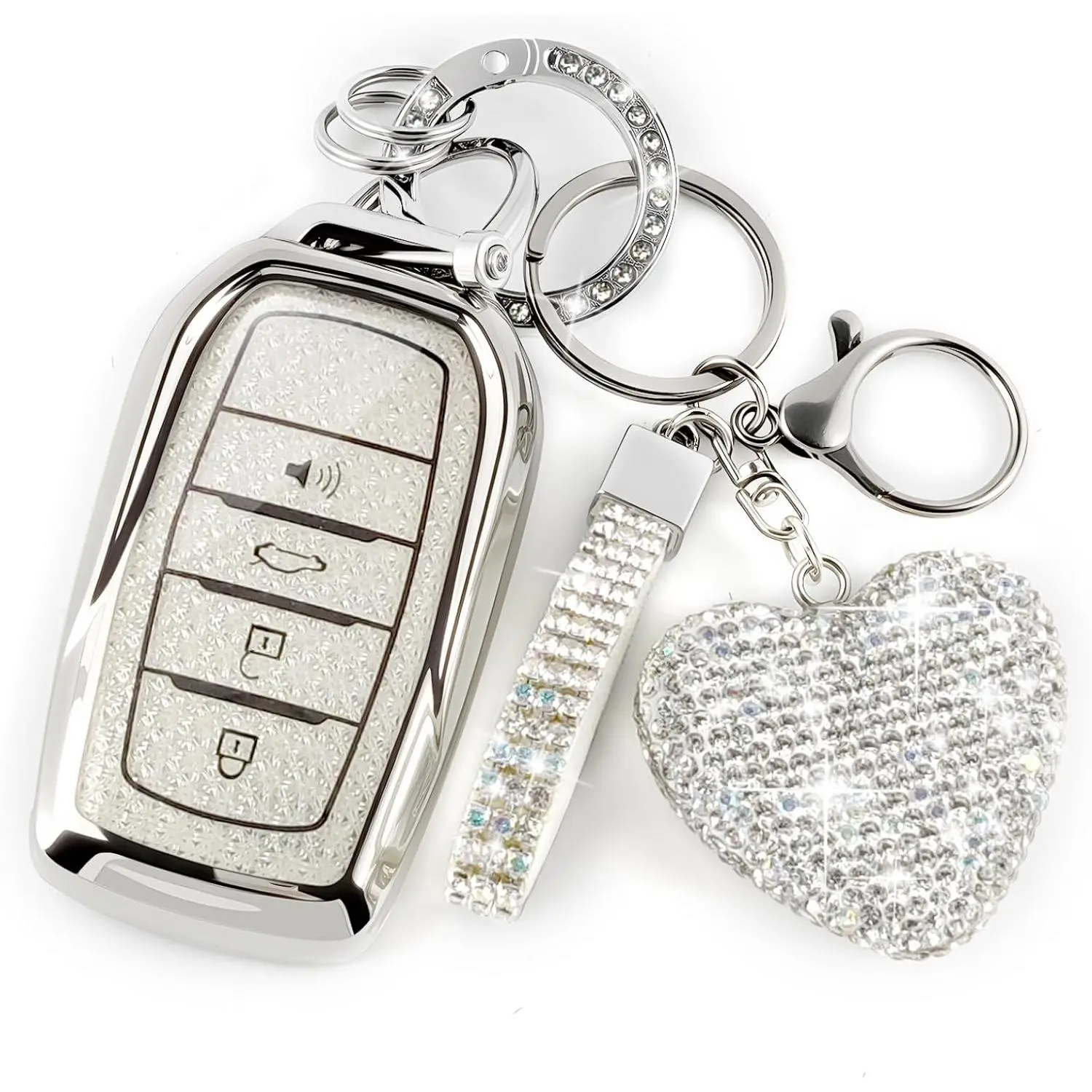 Key Fob Cover with Diamond Bling Keychain for Women, Car Key Holder Compatible with Toyota 2022 2023 2024 2025 2026, TPU Key Case and Elegant Heart Key Chain (Silver, 1PCS)
