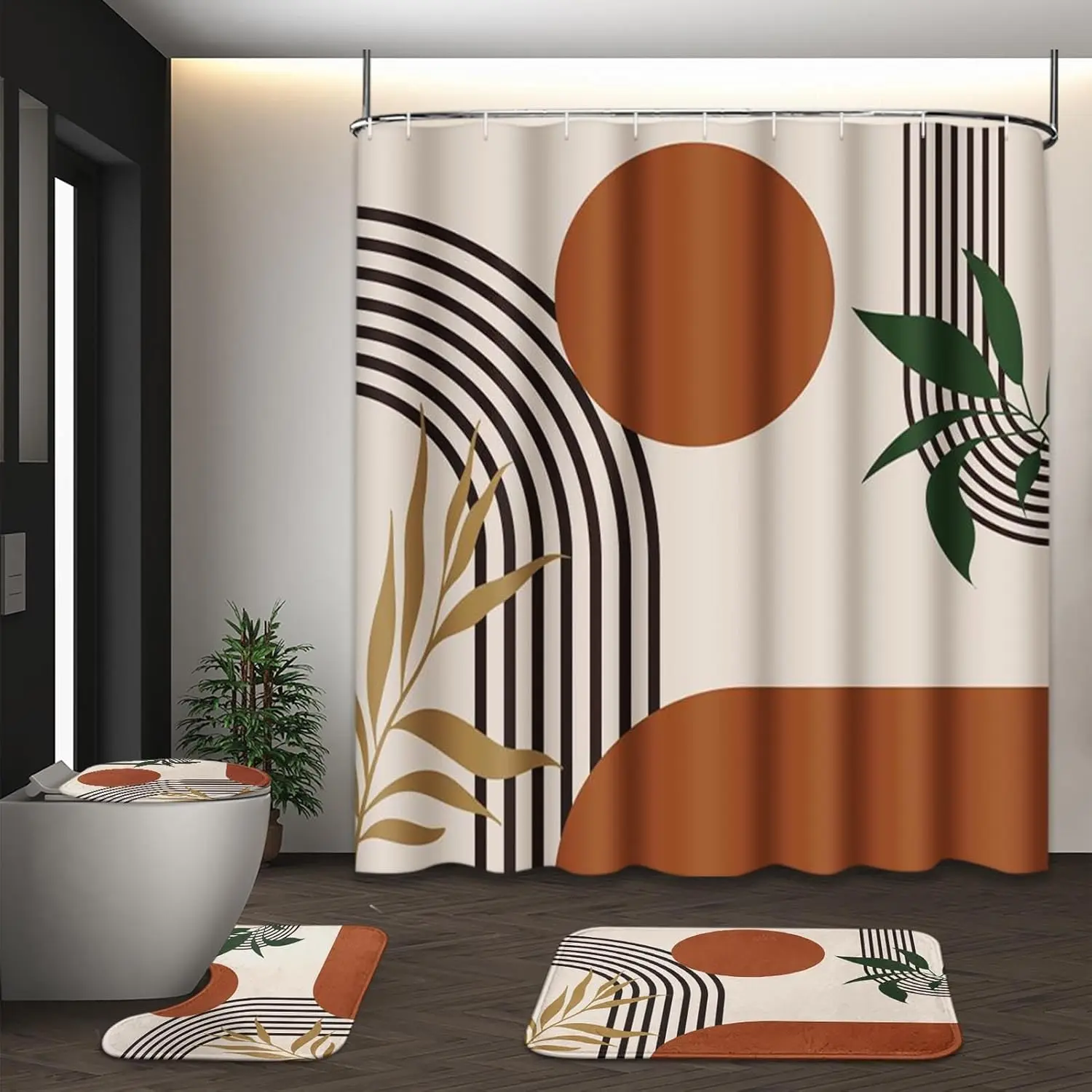 Shower Curtain Set, 4-Piece Boho Black and White Abstract Geometric Waterproof Polyester Curtain with Non-Slip Rugs and 12 Hooks, Boho Black White, Curtain + Mat