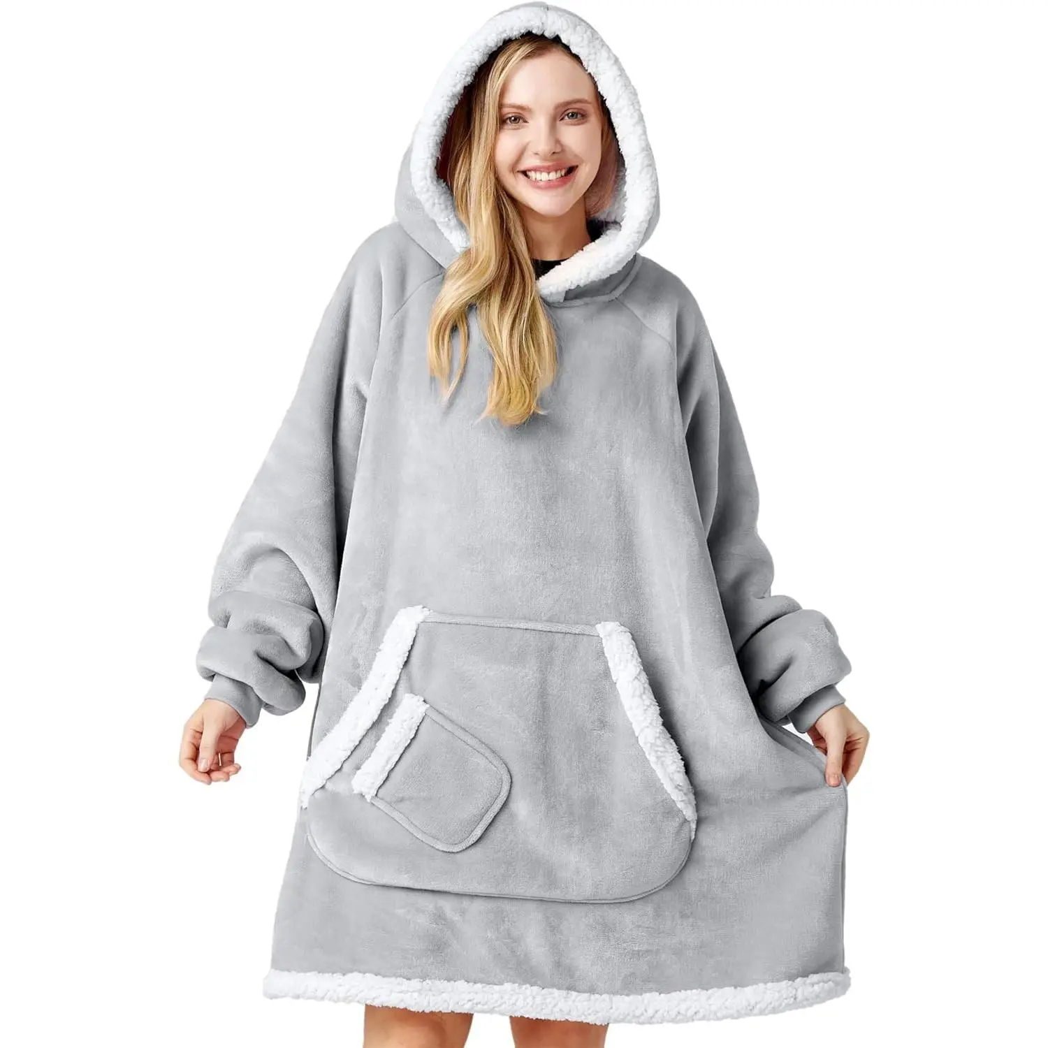 Wearable Blanket Hoodie for Women and Men Gifts for Women Mom Wife Sherpa Fleece Hooded Blanket Sweatshirt Warm Cozy Sherpa Wearable Throw with Pocket & Sleeves for Adult Standard Gray