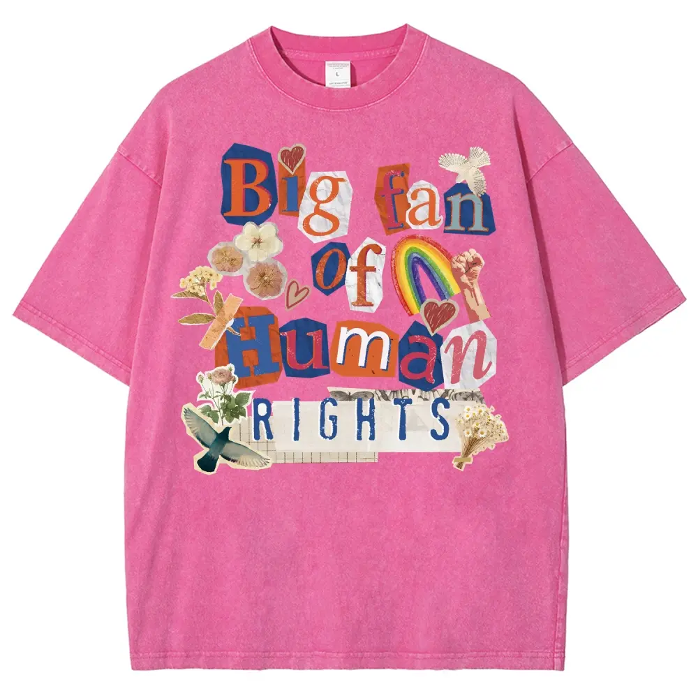 Unisex Oversize Short-Sleeve Human Rights Collage Letter Washed Graphic T-Shirt - Retro Paper Cut Floral Rainbow Print Equality Activist Casual Top, Shortsleeve, Tshirt, Streetwear, Fabric, Cotton, Round Neck, Menswear, Pre-Shrunken