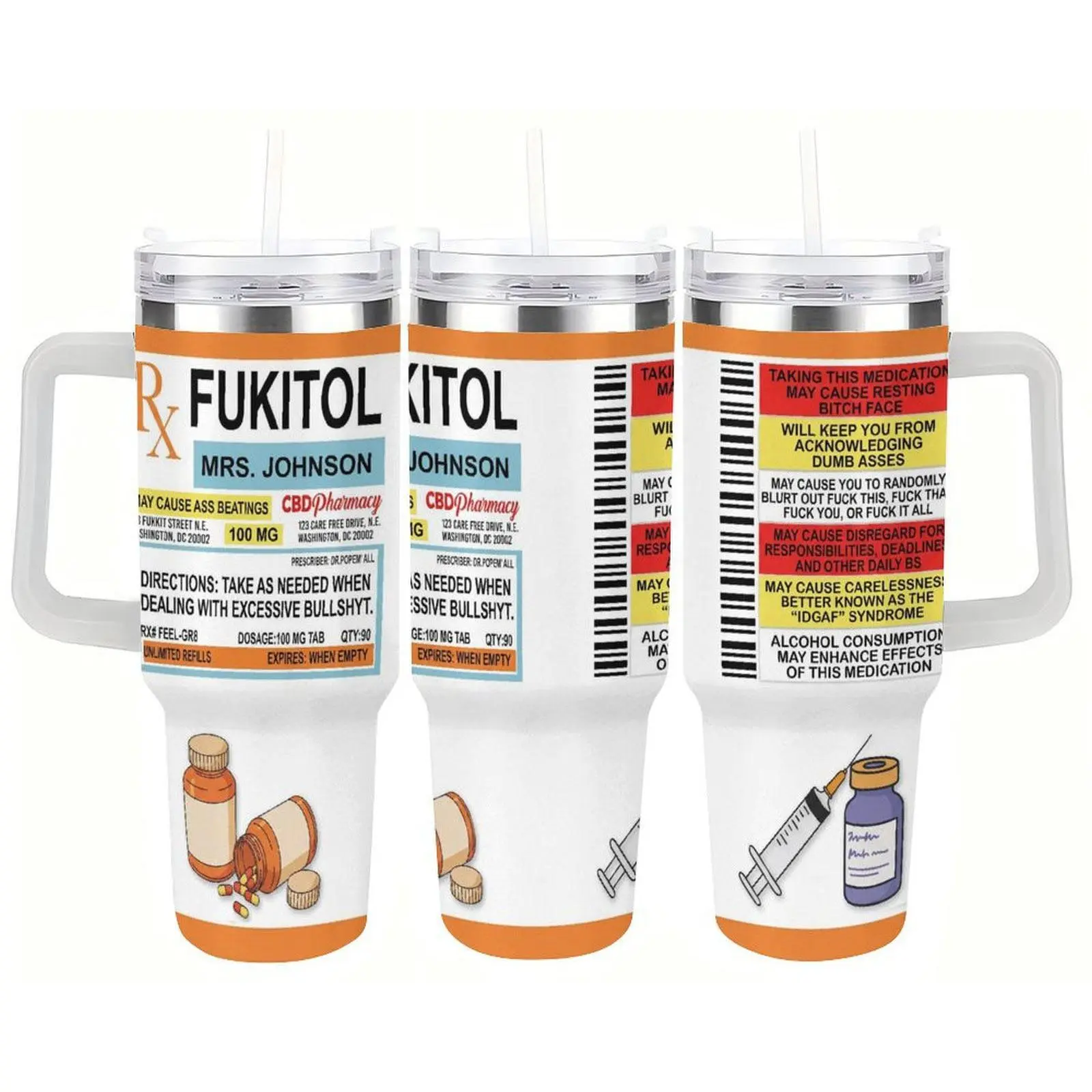 Fukitol Prescription Funny Tumbler |   Sarcastic IDGAF Stress Relief Insulated Stainless Steel Travel Cup |   Hilarious Office Work Tumbler for Car |   Birthday Gag Gift for Coworkers Friends
