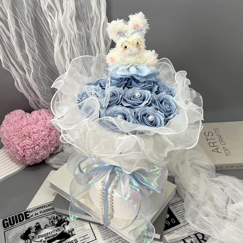 Artificial Rose Soap Flower Bouquet, 1 Count Romantic Lace Faux Rose Flower Bouquet, Gift for Women, Birthday Gift, Party Decoration