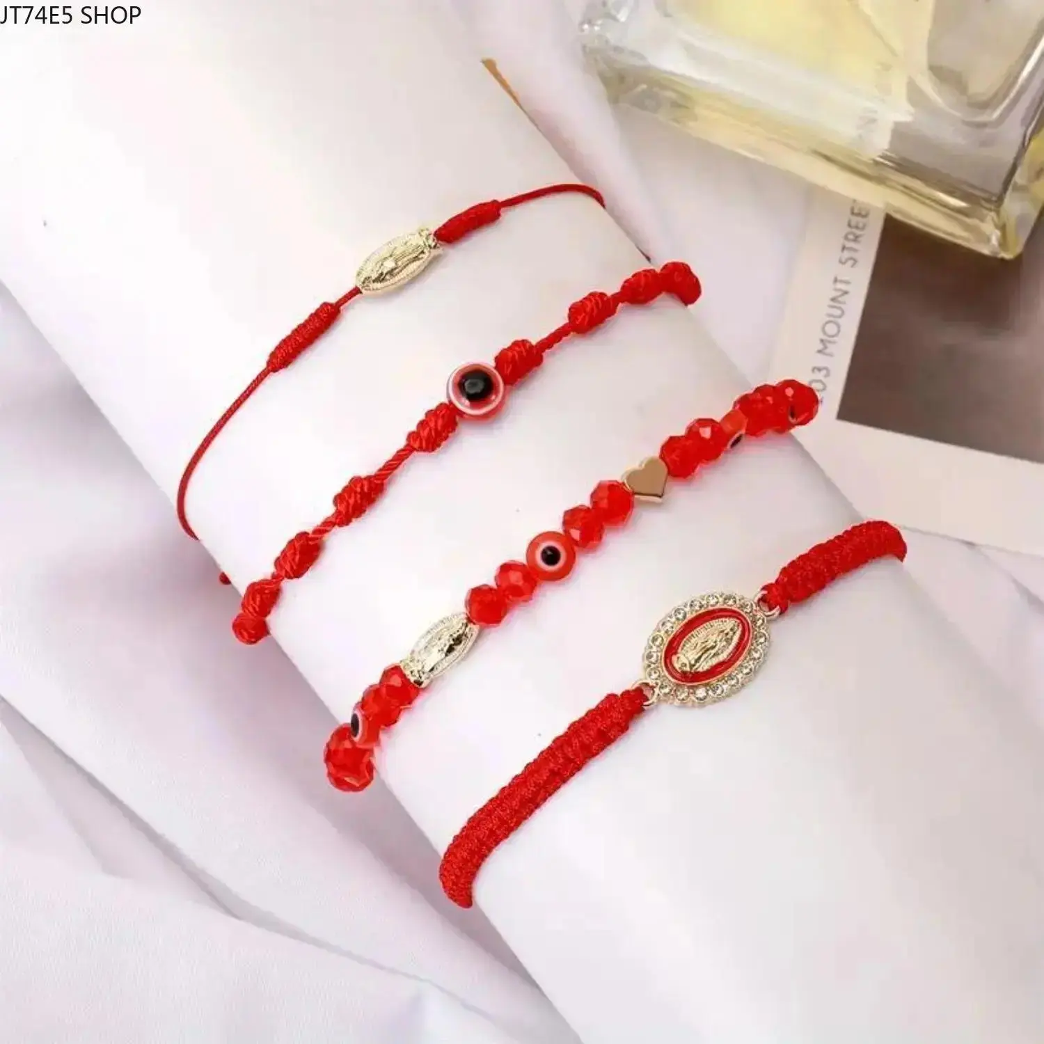 4-Piece Matching Couple Bracelet Set, Ethnic Hand-Braided Red String Unisex Jewelry, Mexican Lucky Protection Amulets Decorated with San Judas, Virgin Mary, Evil Eye & Heart Charms, Stackable Daily Wearing Couple Matching Bracelets