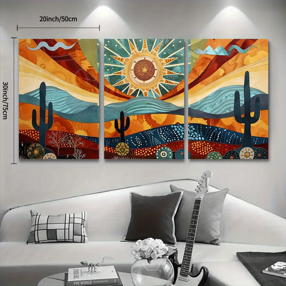 Three-piece set with frame - Desert sunset dazzling art triptych themed canvas wall painting, framed artwork on clearance sale, 2D flat, suitable for Halloween, Christmas, both winter and summer, luxurious interior decoration, unisex, for bedroom, living