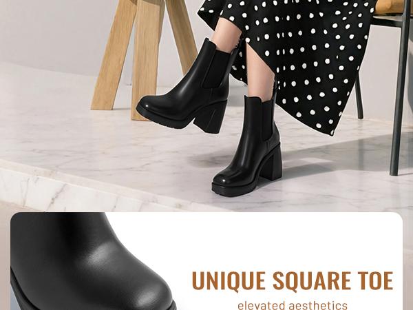 Athlefit Women's Chelsea Platform Boots High Chunky Heel Square Toe Boots Fashion Slip On Elastic Heeled Ankle Booties mid calf Platformboots Taupe