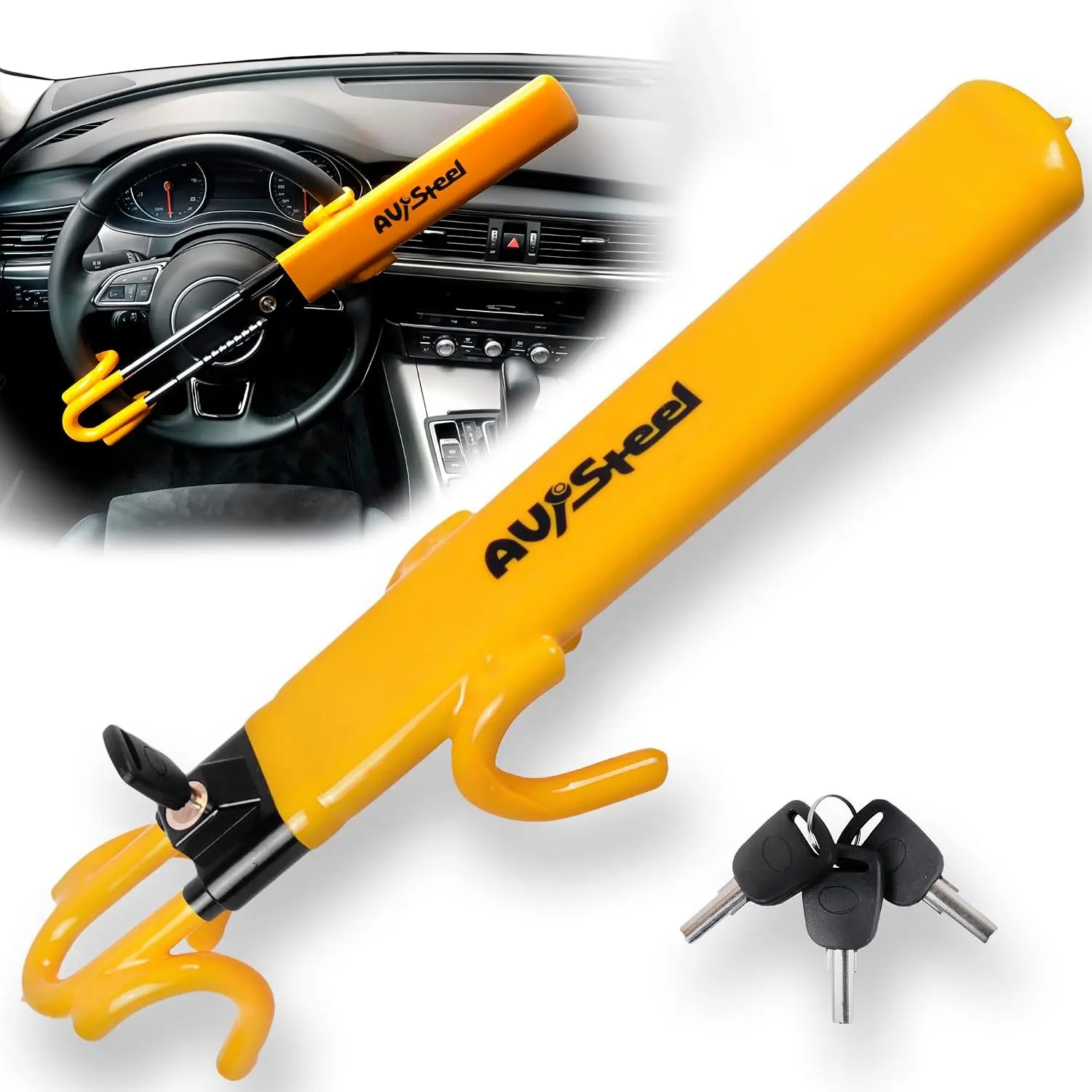 Universal Double Hook Heavy Duty Steering Wheel Lock Anti-Theft Device with 3 Keys Fits Cars Trucks Vans and SUVs