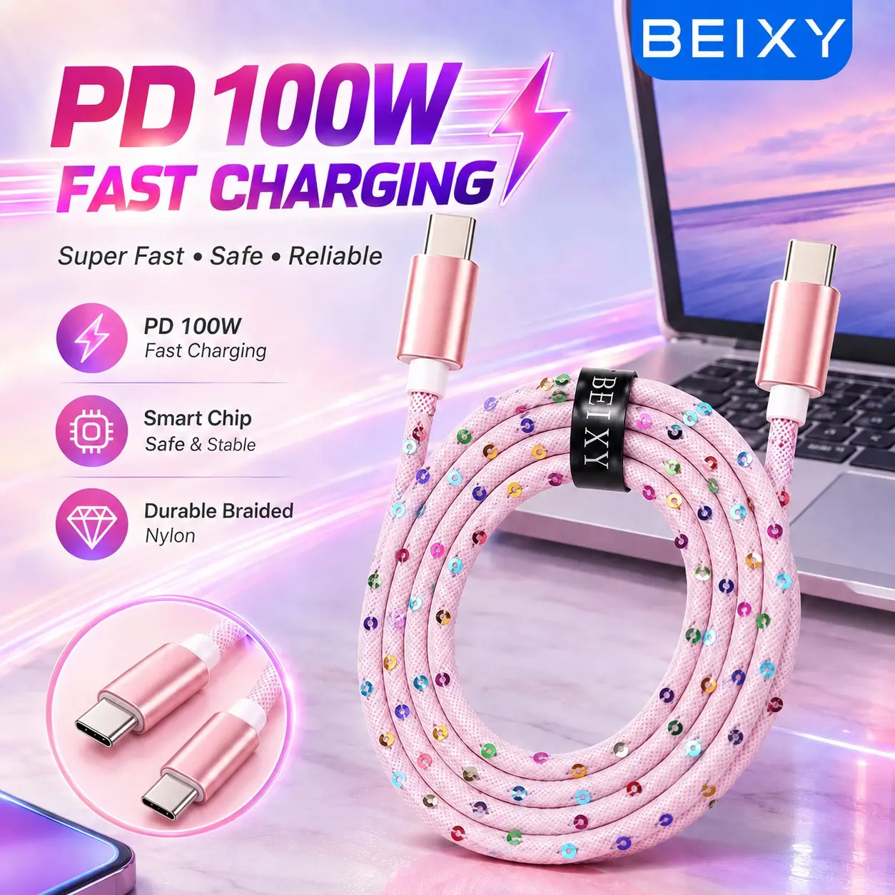 Beixy Type-C to Type-C Pd100w 20v5a Fast Charging Cable, Compatible with iPhone Macbook Pro Samsung Xiaomi Huawei, 3m USB-C Charger Data Cable