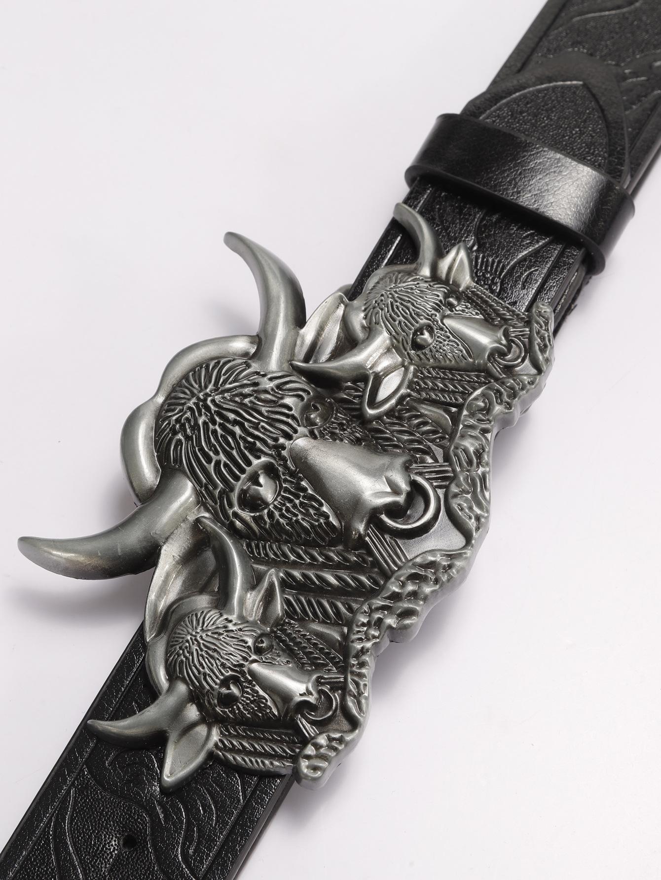Unisex simple silver bull head alloy buckle black embossed PU belt paired with jeans
