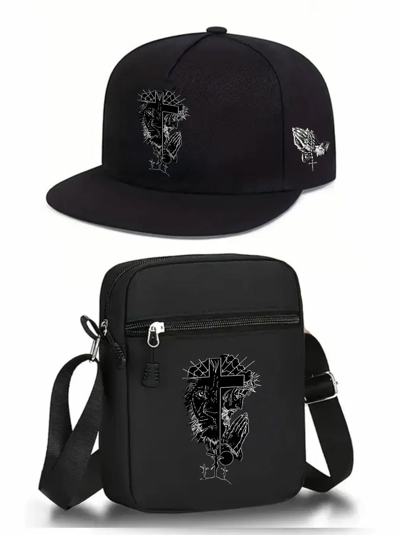 Lion Jesus Prayer Hand Print Baseball Hat and Crossbody Bag Set, Adjustable Street Fashion Outdoor Sports Gear, Versatile Use, Perfect for Daily Wear or Gift