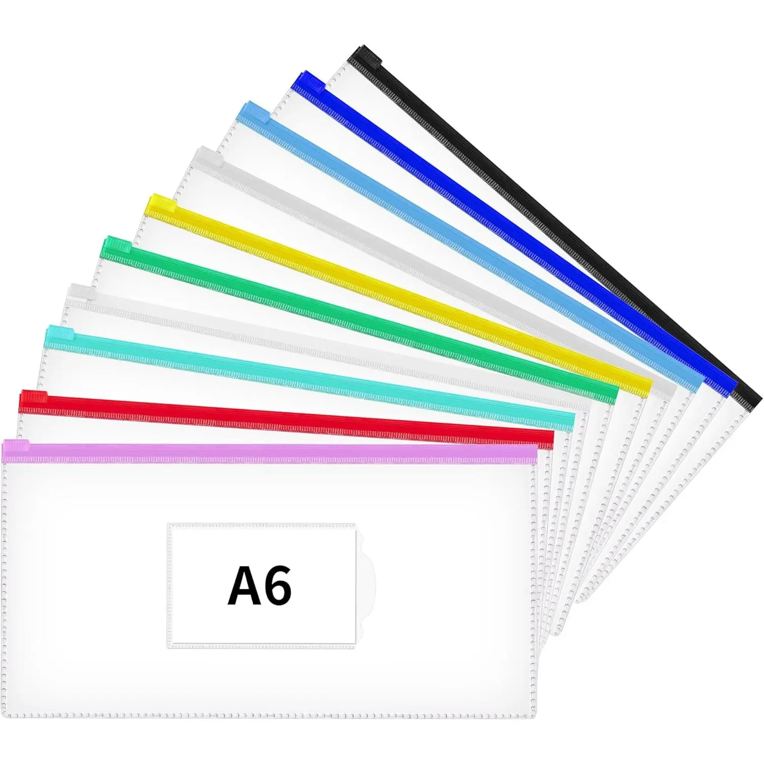 10 count Poly Zip Envelope, A6 Size (9 x 4.7in) Pencil Pouches | Plastic Zipper Pouches with Label Pocket, 10 Colors,  Clear Pencil Bags for Office Supplies