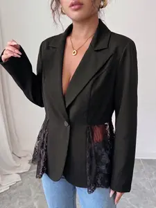 Women's Elegant Statement Lace Patchwork Sheer Slim Fit Long Sleeve Blazer Jacket, Womenswear, Perfect for Office, Dates and Parties