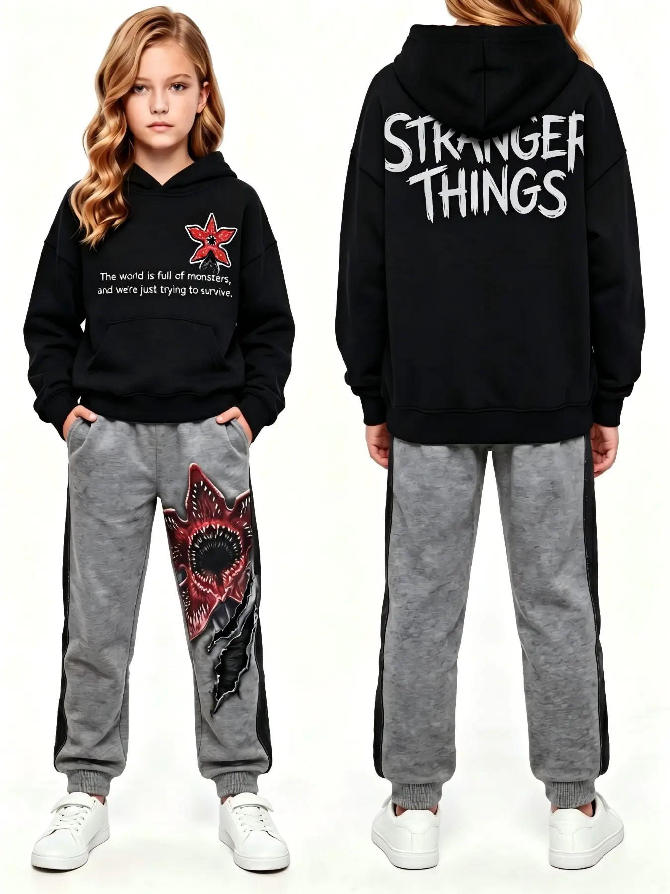 Genuine Authentic Licensed Stranger Things Black Hoodie girs 2 Piece Fall Winter Outfit, Front Stranger Things Title & Demogorgon Star Print Hoodie & Monster Print Jogger Pants Set, Skin-Friendly Loose Heat-Locking Fabric Age 4-14, Home Playground Suburb