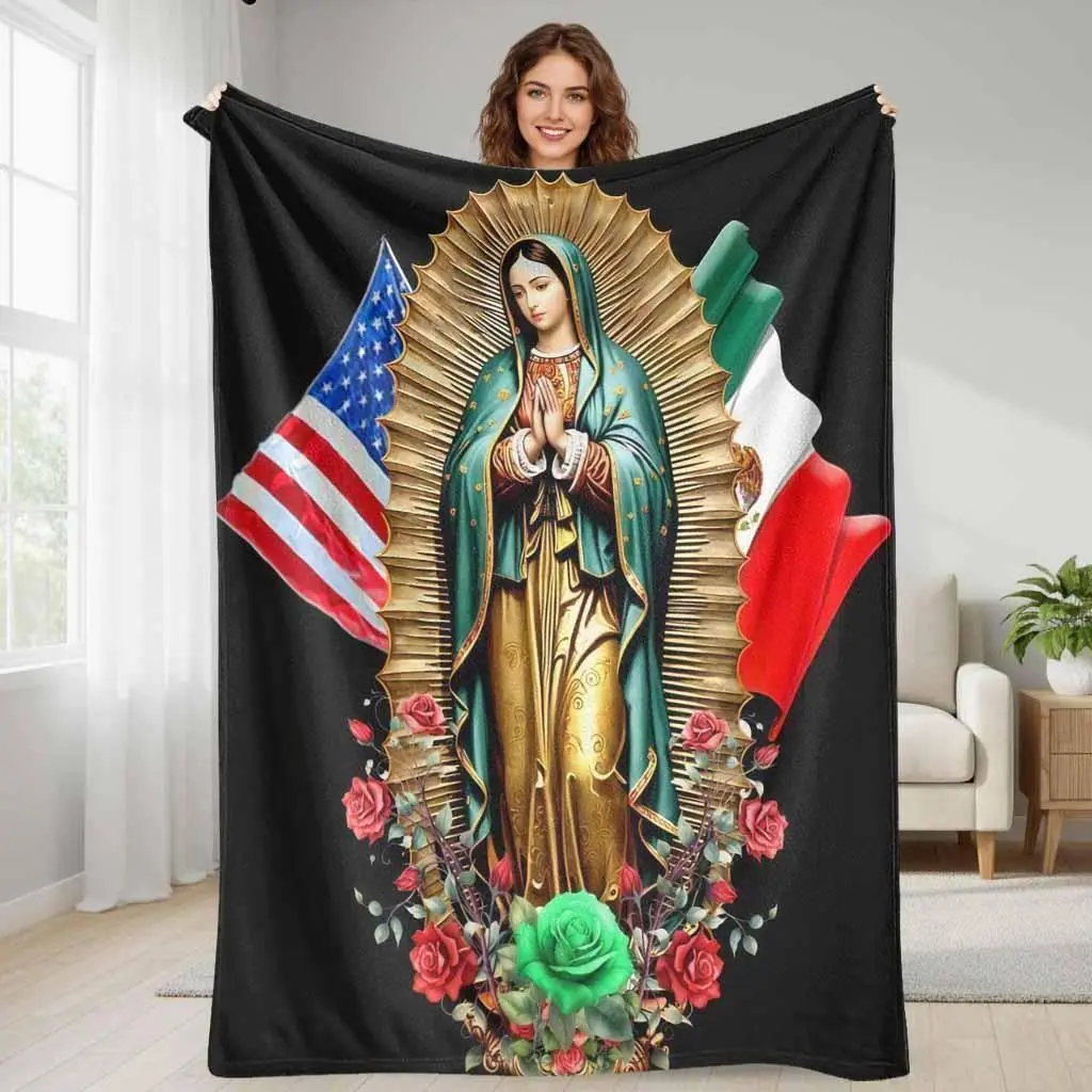 Virgin Mary USA-Mexico Flag Floral Printed Flannel Throw Blanket, Soft Warm Lightweight Bedding Accessory, Multi-Purpose Religious Decor for Home Prayer Room, Cooling Duvet Companion, One-Piece