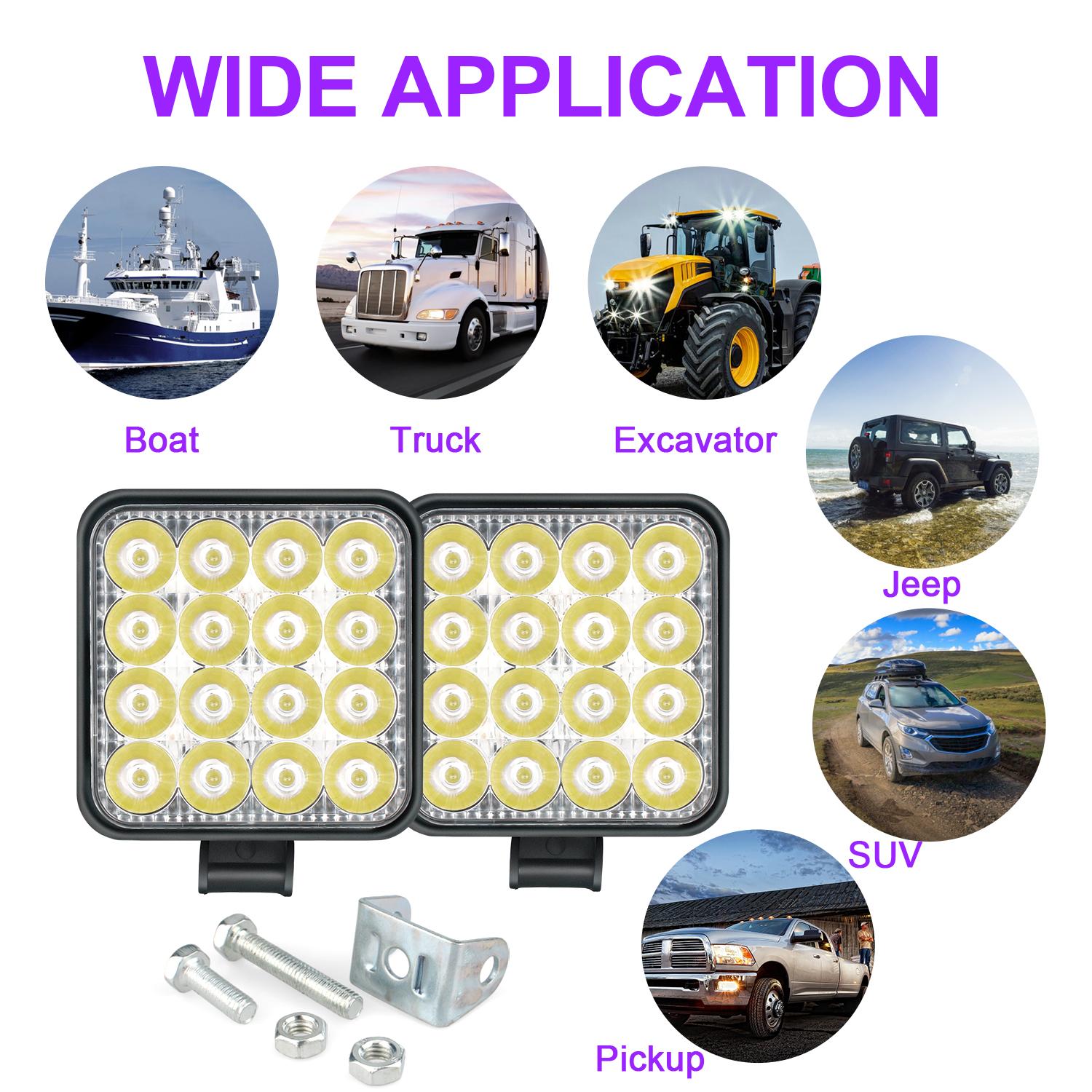 2pcs LED Truck Work Lights, 48W High Brightness LED Flood Light Bar, Work Light Truck OffRoad Tractor Flood Lights 12V-24V Square