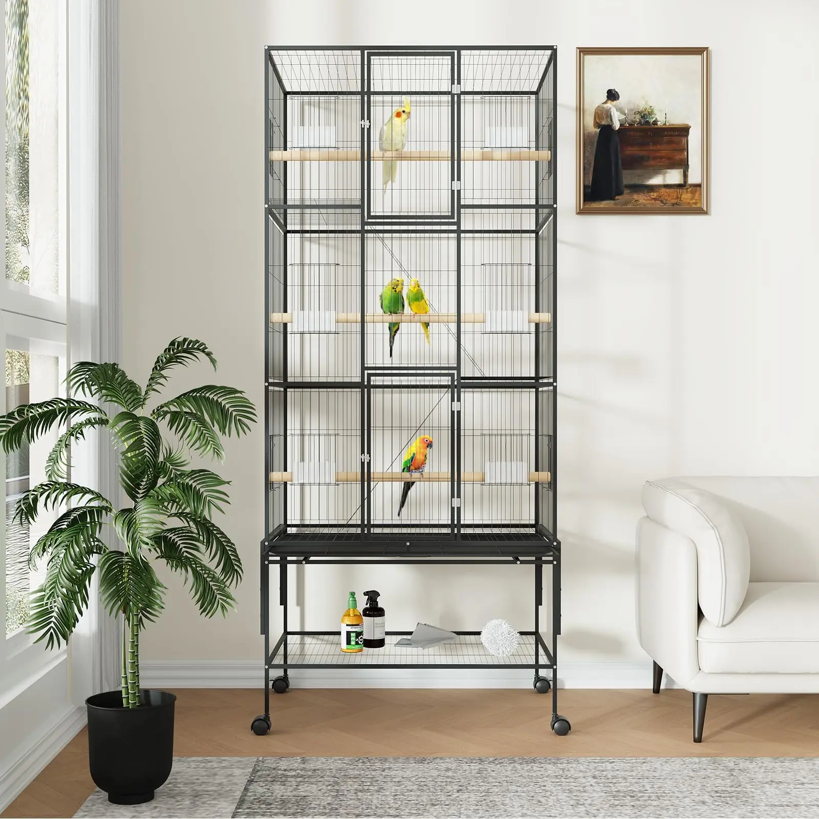 69in Extra Large Bird Cage Metal, Budgie Cage Parrot Cage with Rolling Stand Storage Shelf and Tray,for Parakeets, Conures, Lovebirds, Quaker, Cockatiels, Budgie, Black