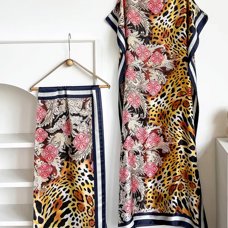 2-Piece Boho Style Set, Elegant Leopard Print Robe & Scarf, Sun Protection Beachwear, Women's Fashion Long Dress + Headscarf Kimono Cover Up