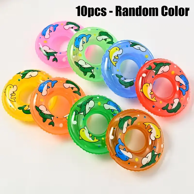 10-Pack Multi-Use Mini Inflatable Swim Rings, Random Colors, Dolphin Shape, Ideal for Pet Bathing, Small Turtles, Aquarium Decor, No Battery Needed