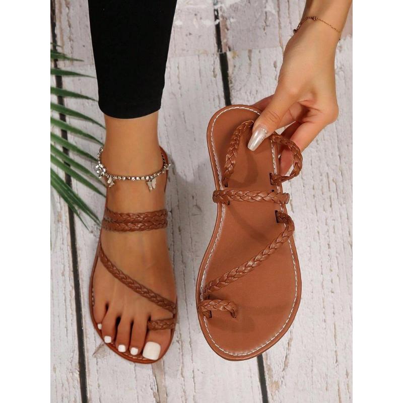 (New)Women's Fashionable Plain Color Ankle Strap Sandals, Casual Comfortable Flat Sandals for Beach Vacation, All-match Barefoot Shoes for Daily Wear, Summer
