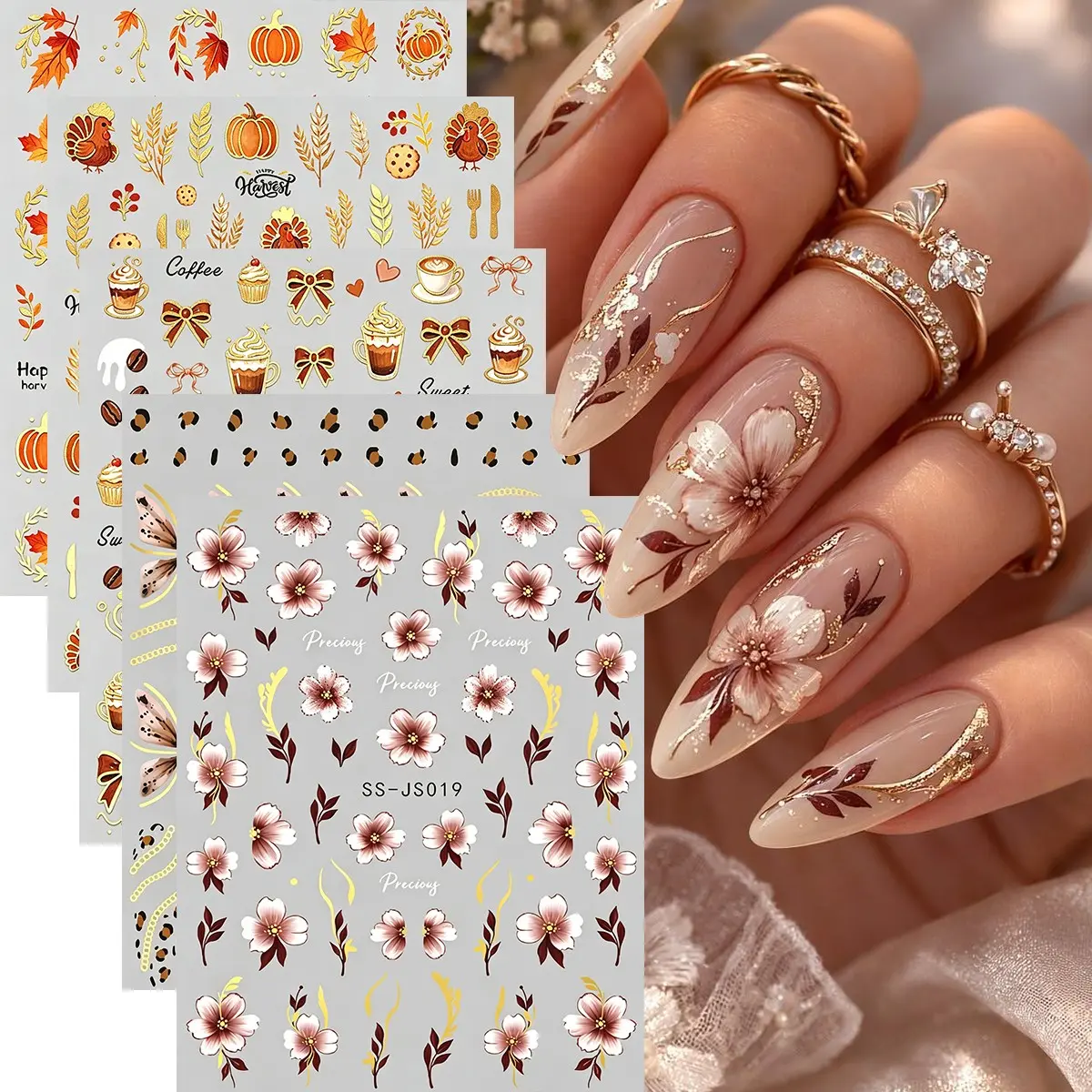 5pcs Gold Edge Autumn Flower Removable Nail Art Stickers, Golden Maple Leaf Fall Coffee Bean Hibiscus Leopard Nail Decals, Luxury DIY Nail Art Decorations, Nail Art Designs