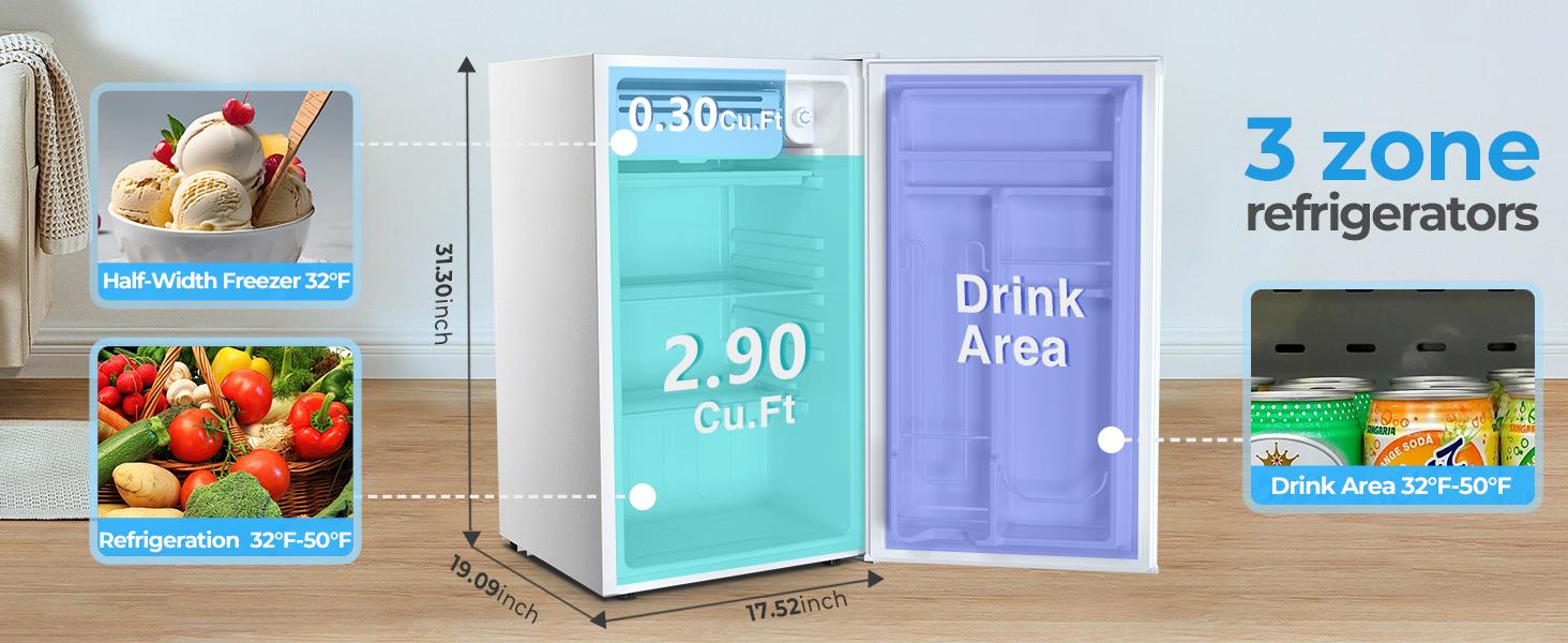 Kismile 3.2 Cu.Ft. Mini Fridge with Freezer Compact Energy-Saving Refrigerator for College Dorms & Offices Adjustable Thermostat Ultra-Quiet Operation 43dB