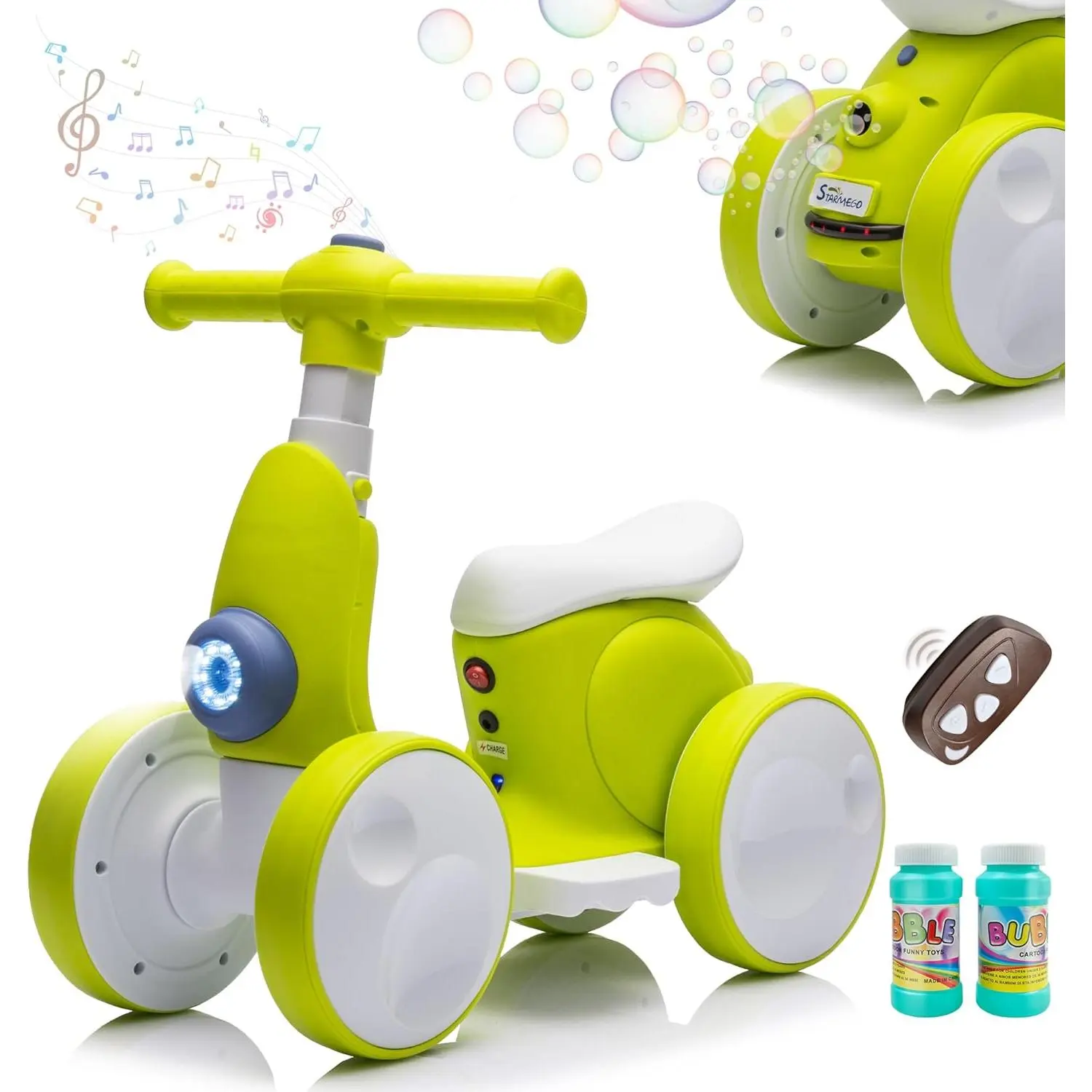 6V Electric Baby Balance Bike with Bubble Machine,4 in 1 Toddler Balance Bike w/Remote Control  1 Year Old Boys Girls Kids Bubble Bike Ride on Toys w/Powered Motor,Music,LED Lights (Cyan)