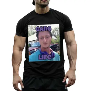 Daniel Larson 'Gang Life' Men's Graphic T-Shirt - 100 Cotton, Casual Crew Neck with Anime Print, Machine Washable - Perfect for Gym & Casual Attire, Plus Sizes S-3Xl, Black with Purple Lettering, Leisurewear Bold Print Top Cotton Fabric - T Shirt