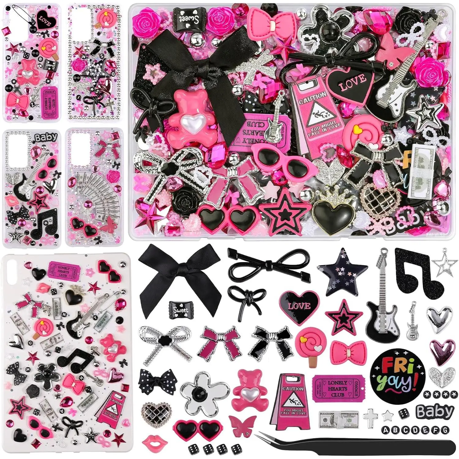 1740Pcs Junk Phone Case Charms Kit, Junk Charms for Customizing Cases, Cute Bow, Letter Beads, Kawaii Phone Accessories Flatback Rhinestones, Sequins, Aesthetic Decoden Charms for Personalization DIY Crafts