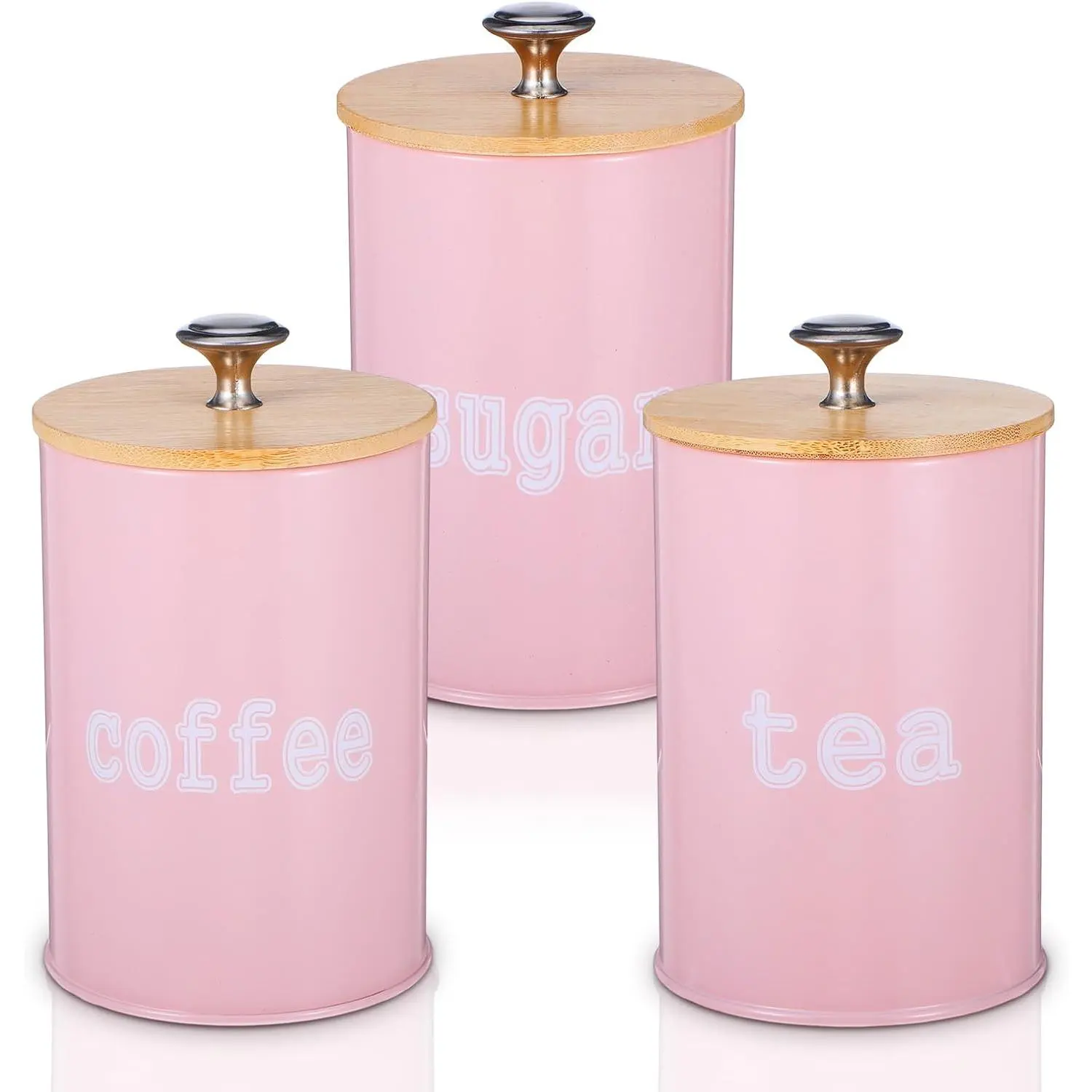 3PCS Thick Pink Matte Galvanized Iron Canister Jars (6.10"x3.70") - Bamboo Reusable Airtight Sealed Lids, Cute Farmhouse Accessories, Sealed Jar Set for Cooking Lovers, Kitchen Food Storage (Clean with Wet Dishcloth)