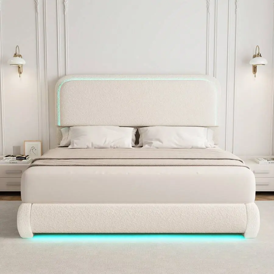 Full Size LED Upholstered Platform Bed Frame with Teddy Fleece Rounded Corners & Headboard, Light Up Your Space, No Box Spring Needed, Noise-Free, Easy Assembly, Cream & Pink