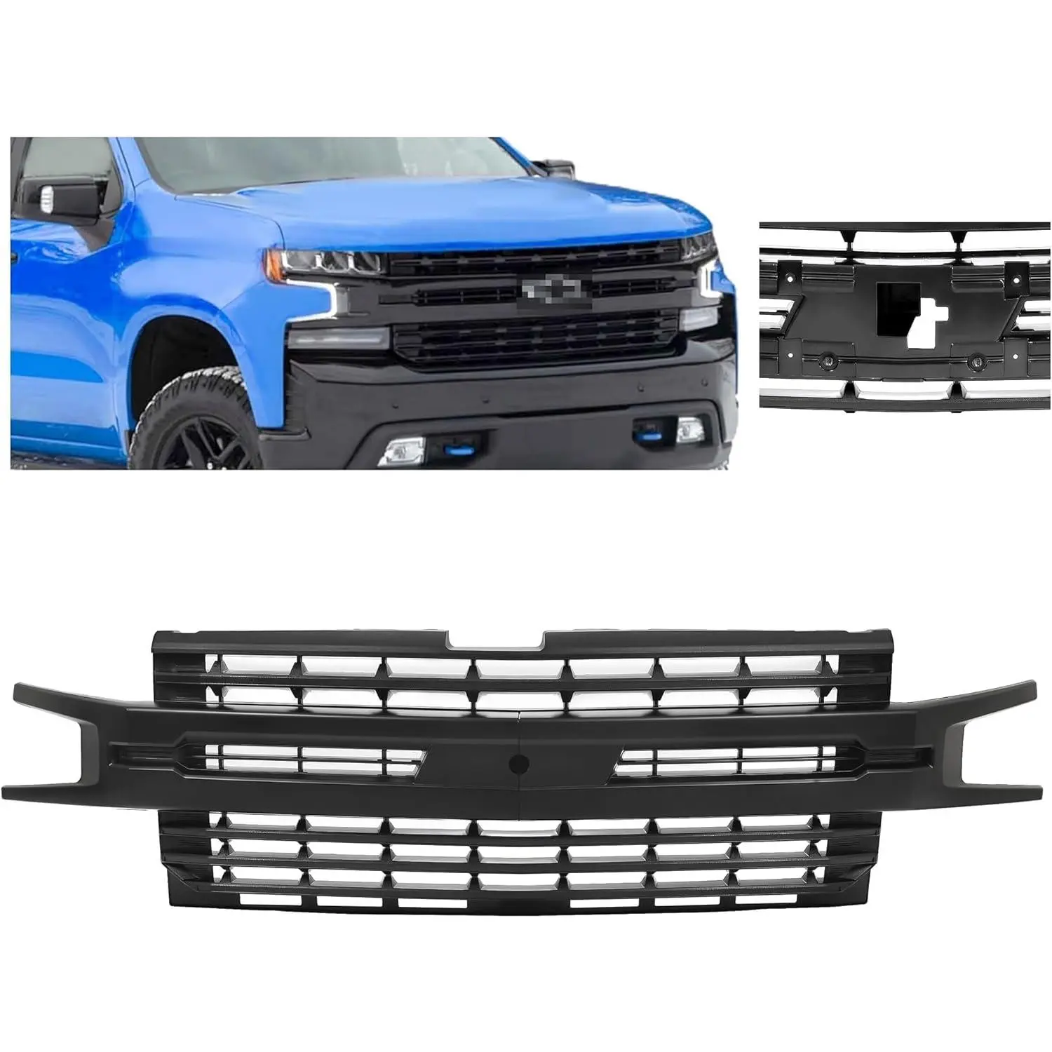 KQQIO Front Grill Compatible with 2019-2022 Chevy Chevrolet Silverado 1500 Bumper Upper Hood Grille Painted Black