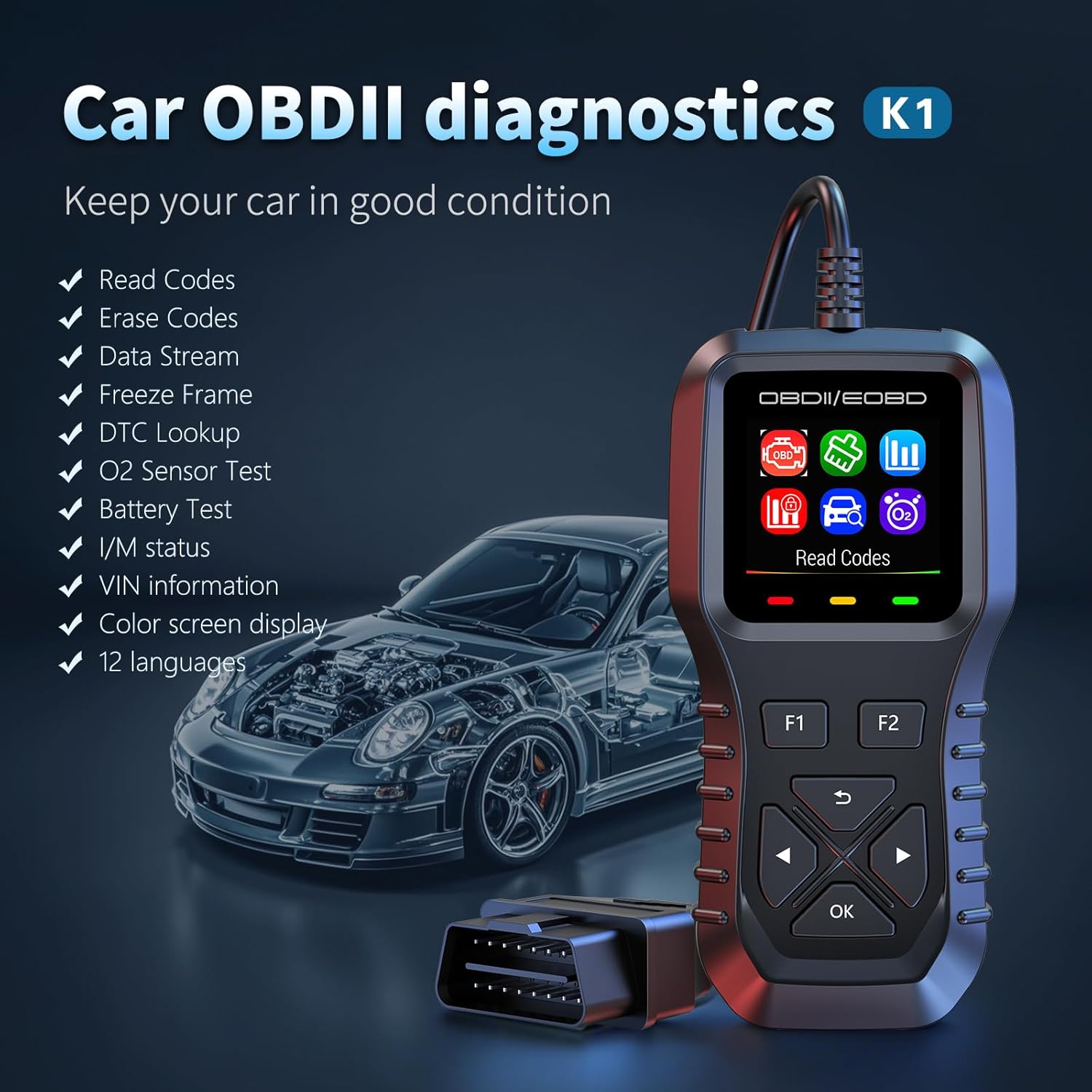 K1 Universal OBD II Scanner Engine Fault Code Reader CAN Diagnostic Scan Tool, Read and Clear Error Codes for 1996 or Newer OBD2 Protocol (Black) K1 Universal OBD II Scanner Engine Fault Code Reader CAN Diagnostic Scan Tool, Read and Clear Error Codes for 1996 or Newer OBD2 Protocol (Black)