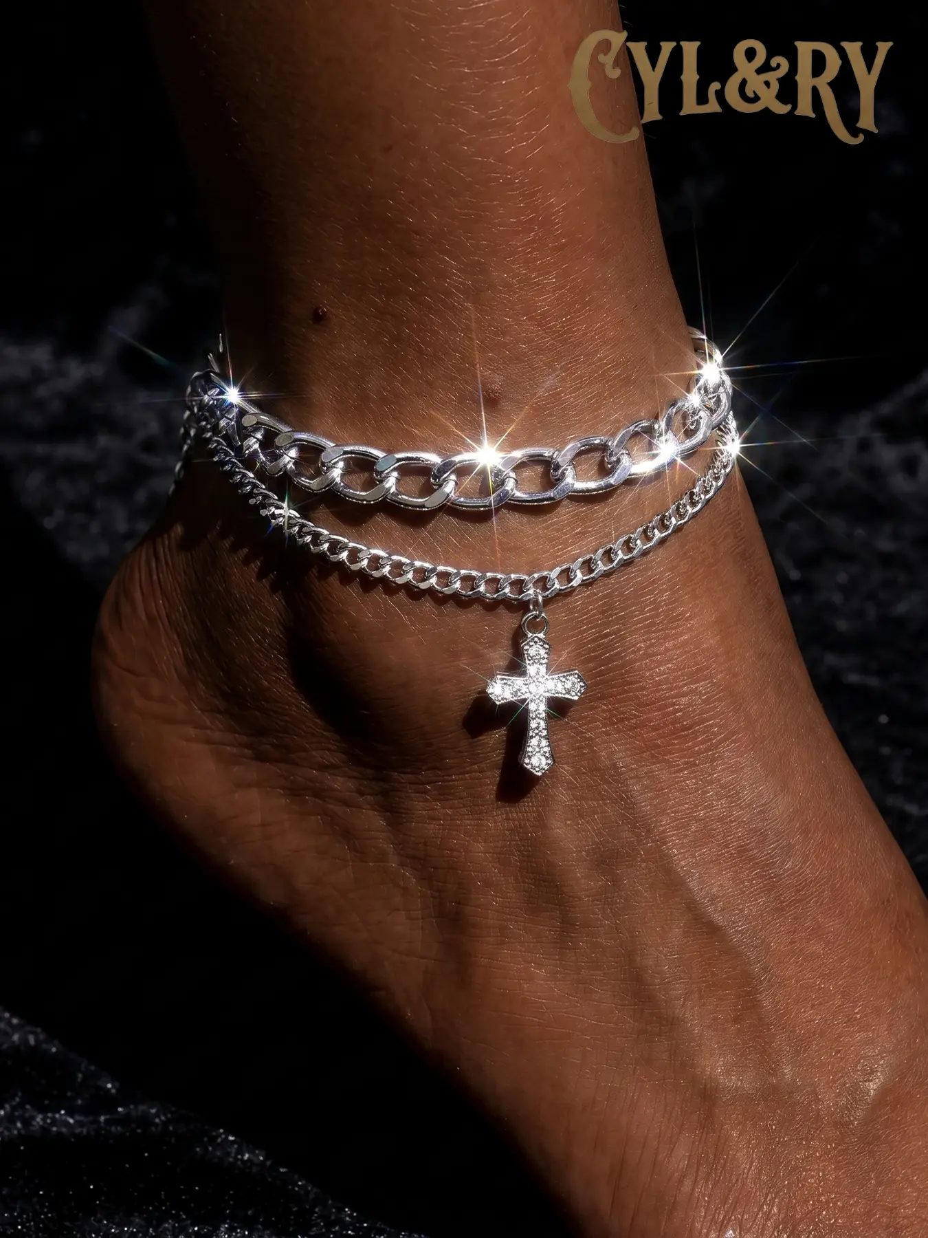 CYL&RY Sparkling CZ Cross Pendant Double Layer Anklet for Men & Women, Adjustable Foot Bracelet, Nightclub Must-have for Formal Parties, Cocktail Events & Evening Outfits, Trendy Jewelry